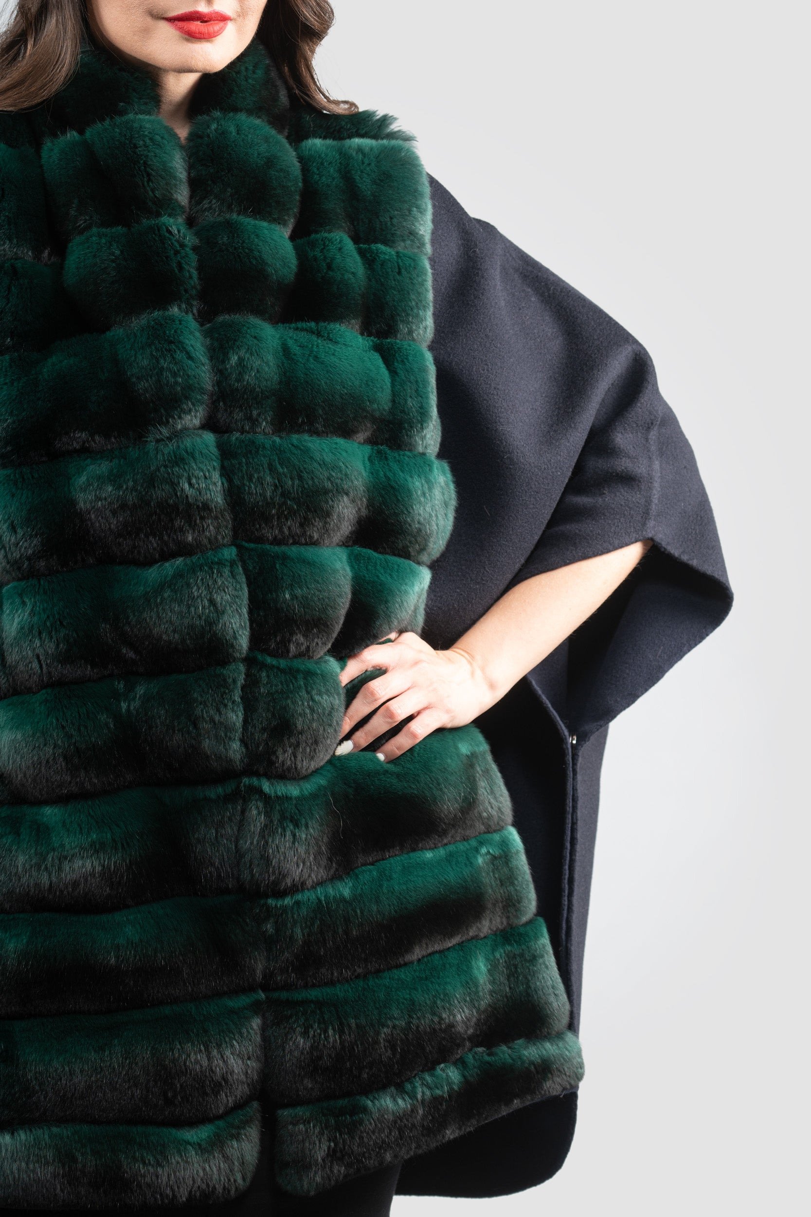 Blue Black Cashmere Cape with Chinchilla Trim 18M950