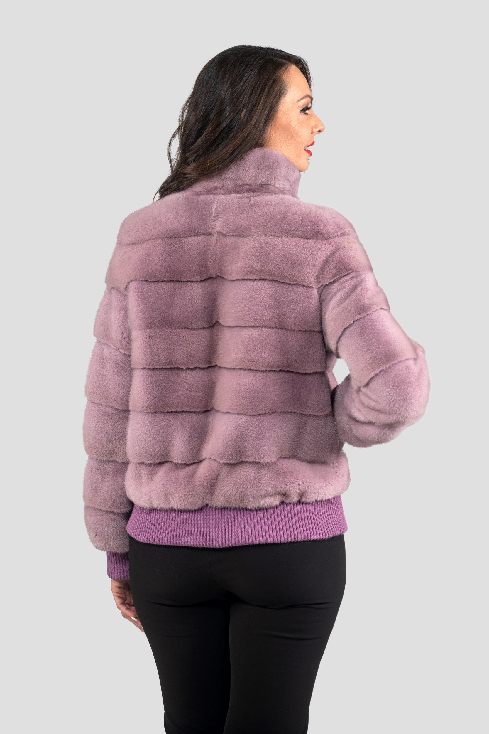 Violet Mink Bomber Jacket with Stand Collar P/K13C224