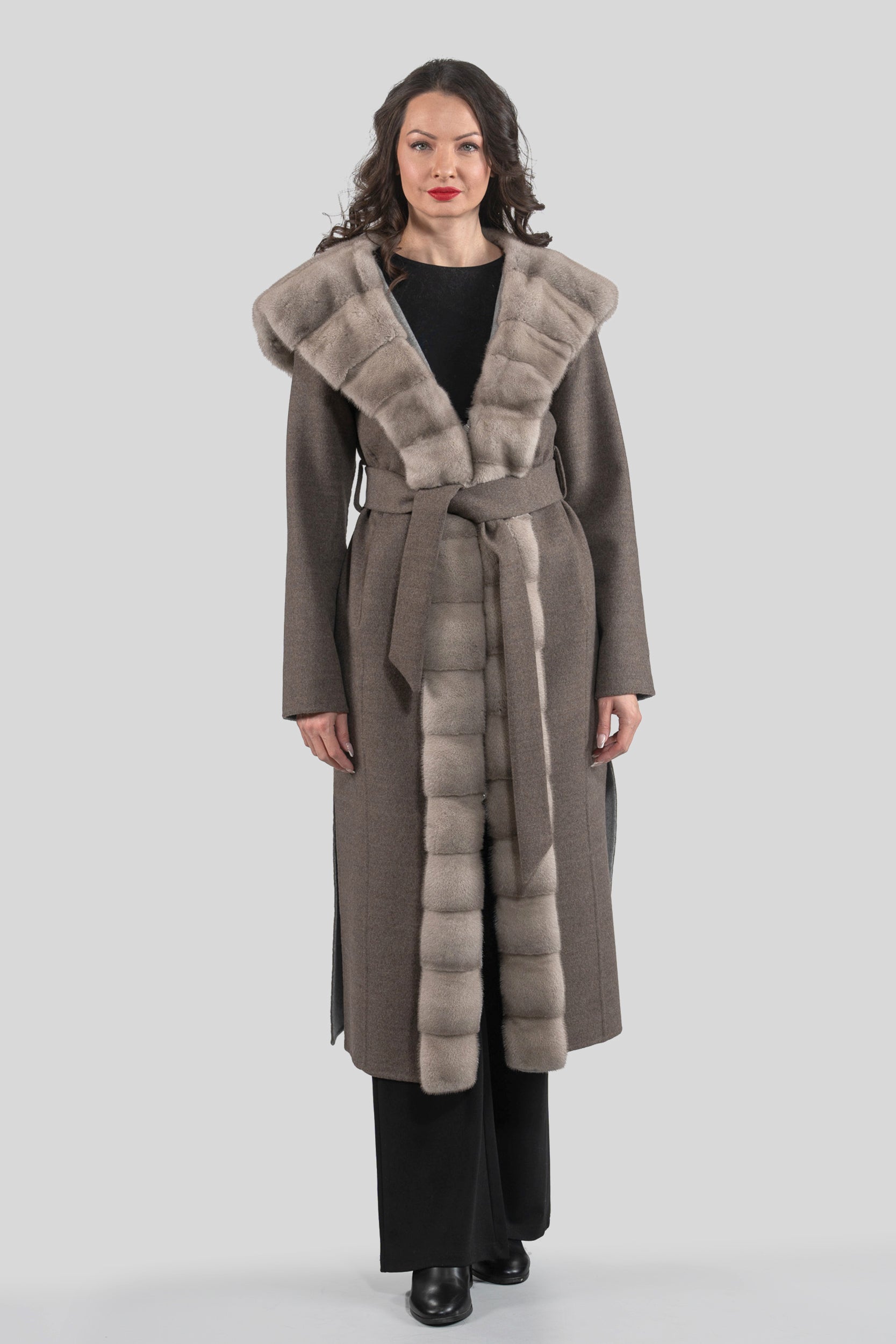 Grey Brown Cashmere Hooded Coat with Mink Trim 21C6080H540