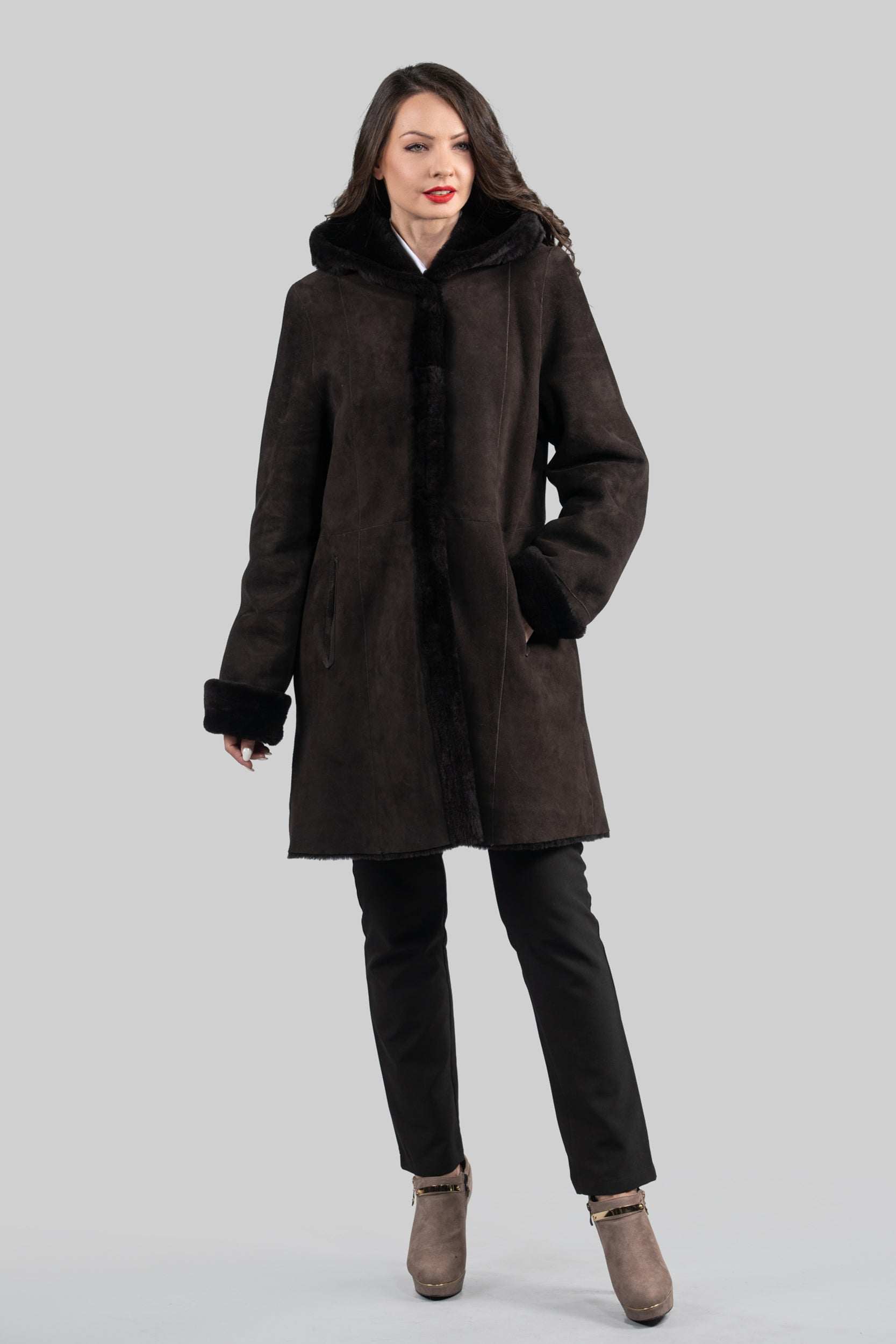 Hooded Brown Half Coat In Spanish Merino 207H