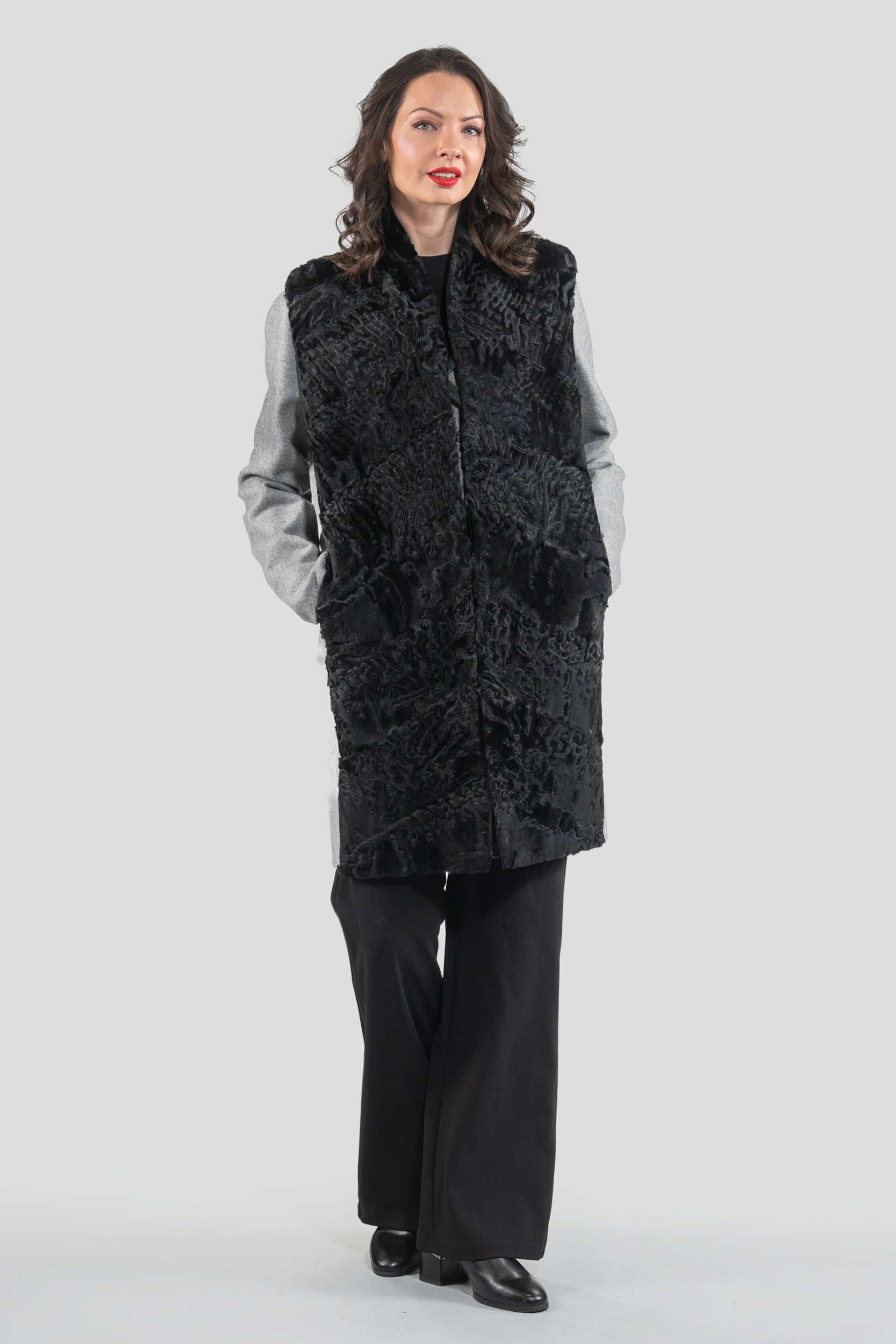 Grey Cashmere Half Coat & Vest with Swakara Fur Trim 17C8003
