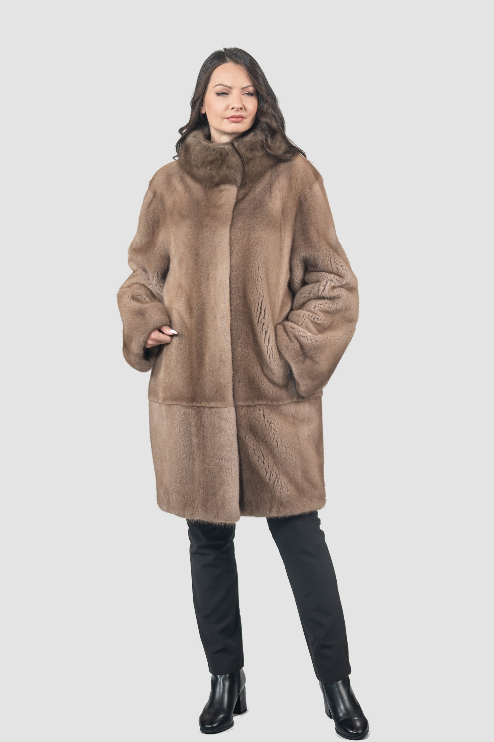 Pastel Mink Half Coat with Russian Sable-Trimmed Stand Collar CLER
