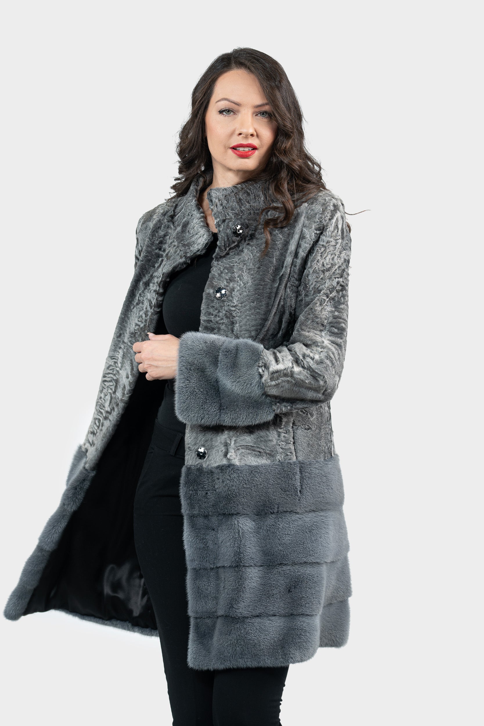 Gray Swakara Half Coat with Mink Trimmed Hem S/SR/K21999