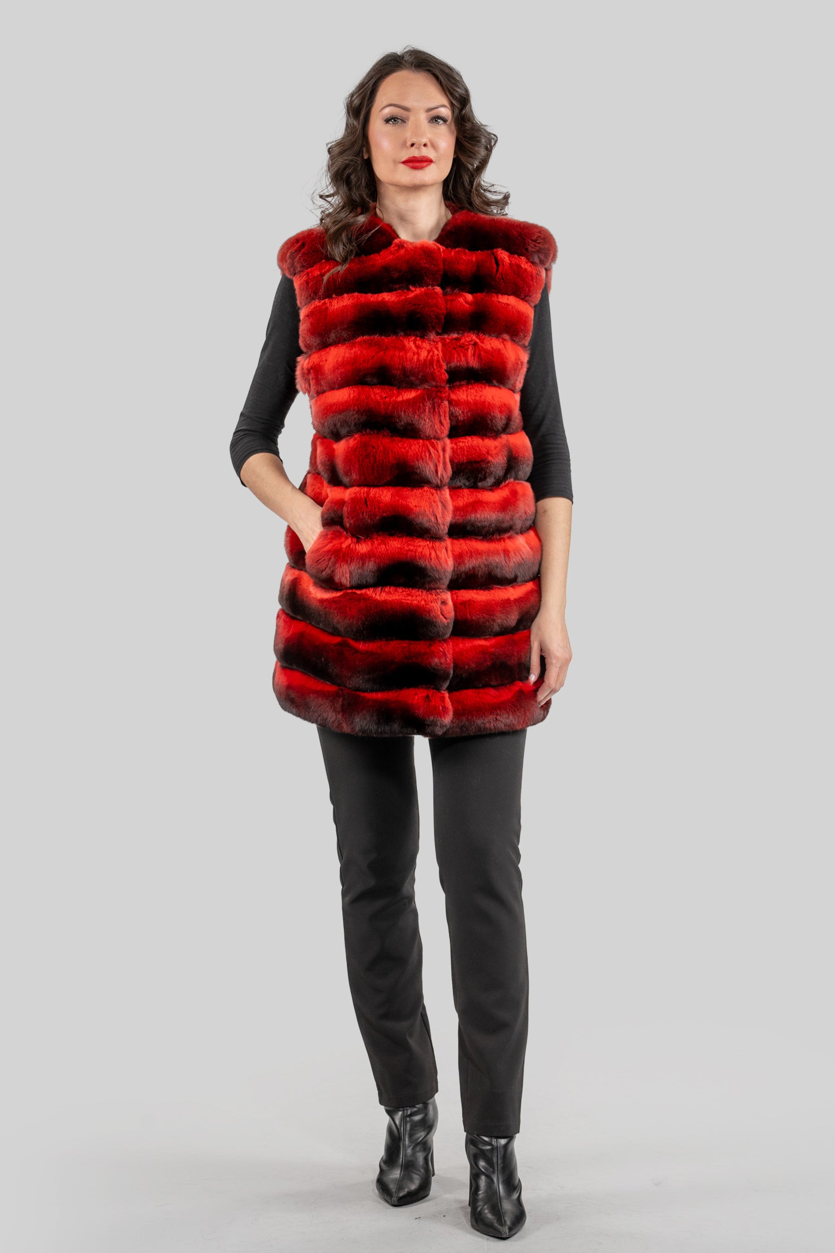 Collarless Crimson Red Chinchilla Vest P/K13C519