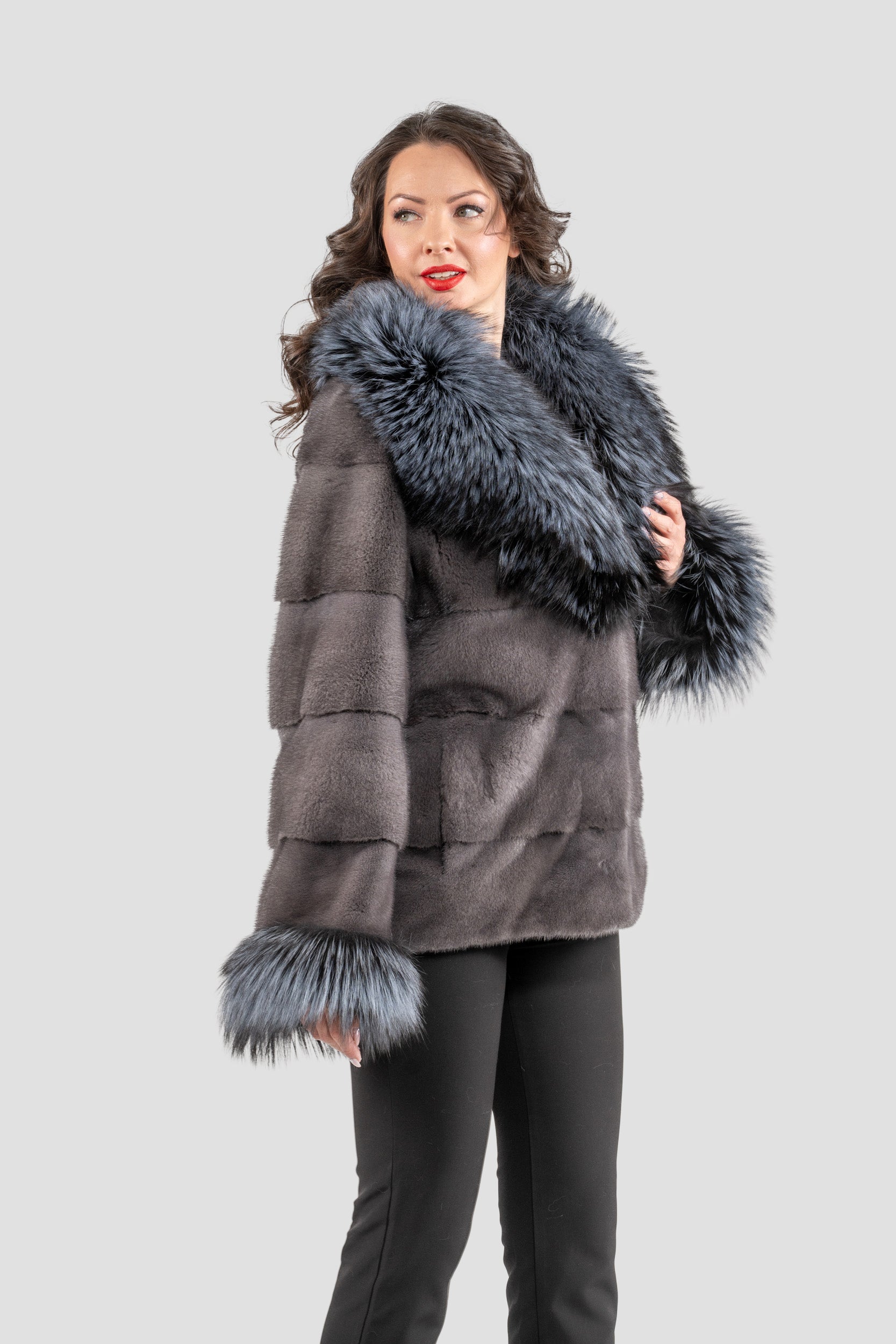 Grey Moon Mink Fur Jacket with Fox Shawl Collar and Cuffs P/K13C528C17