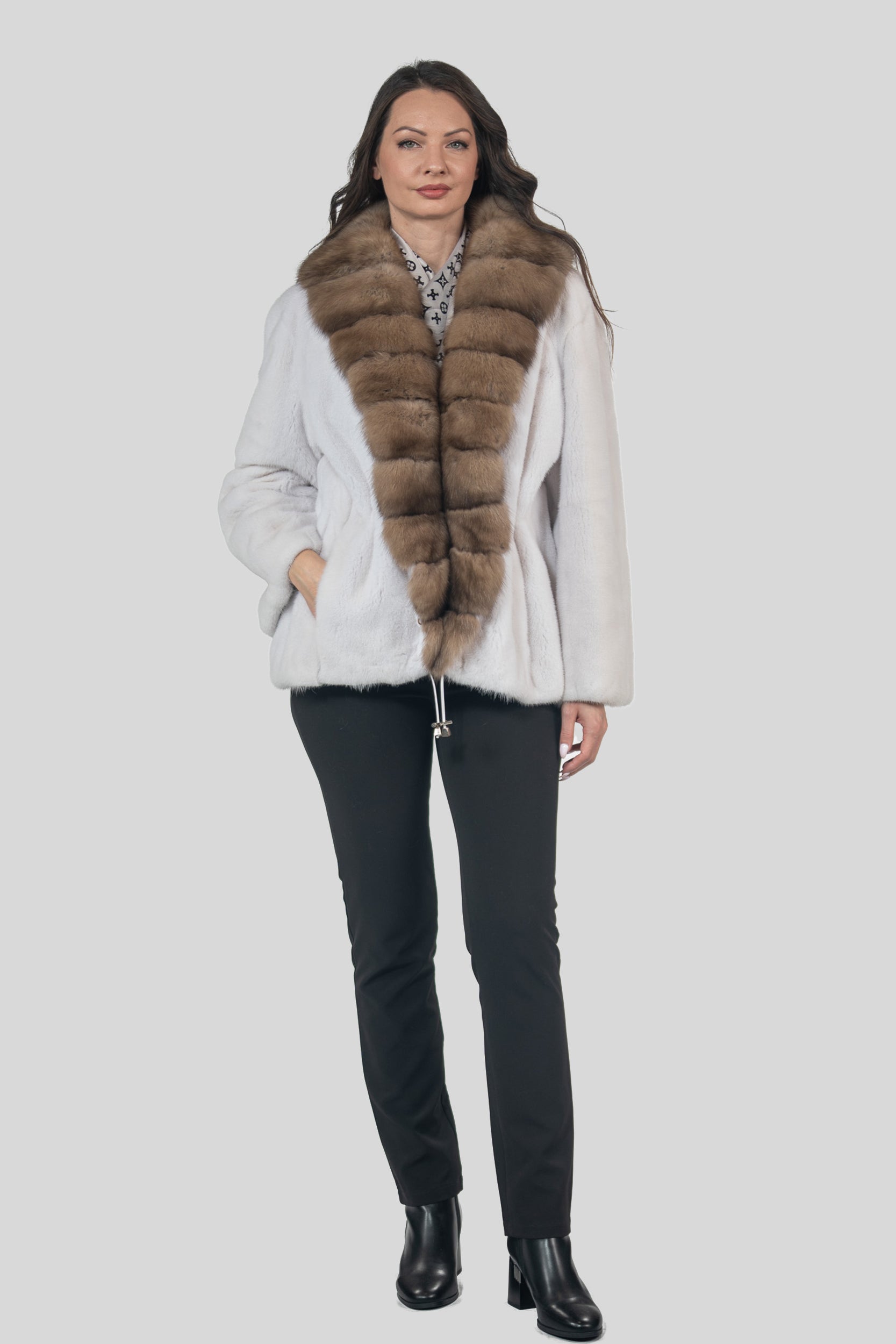 White Mink Jacket with Russian Sable Trim L/O19C123