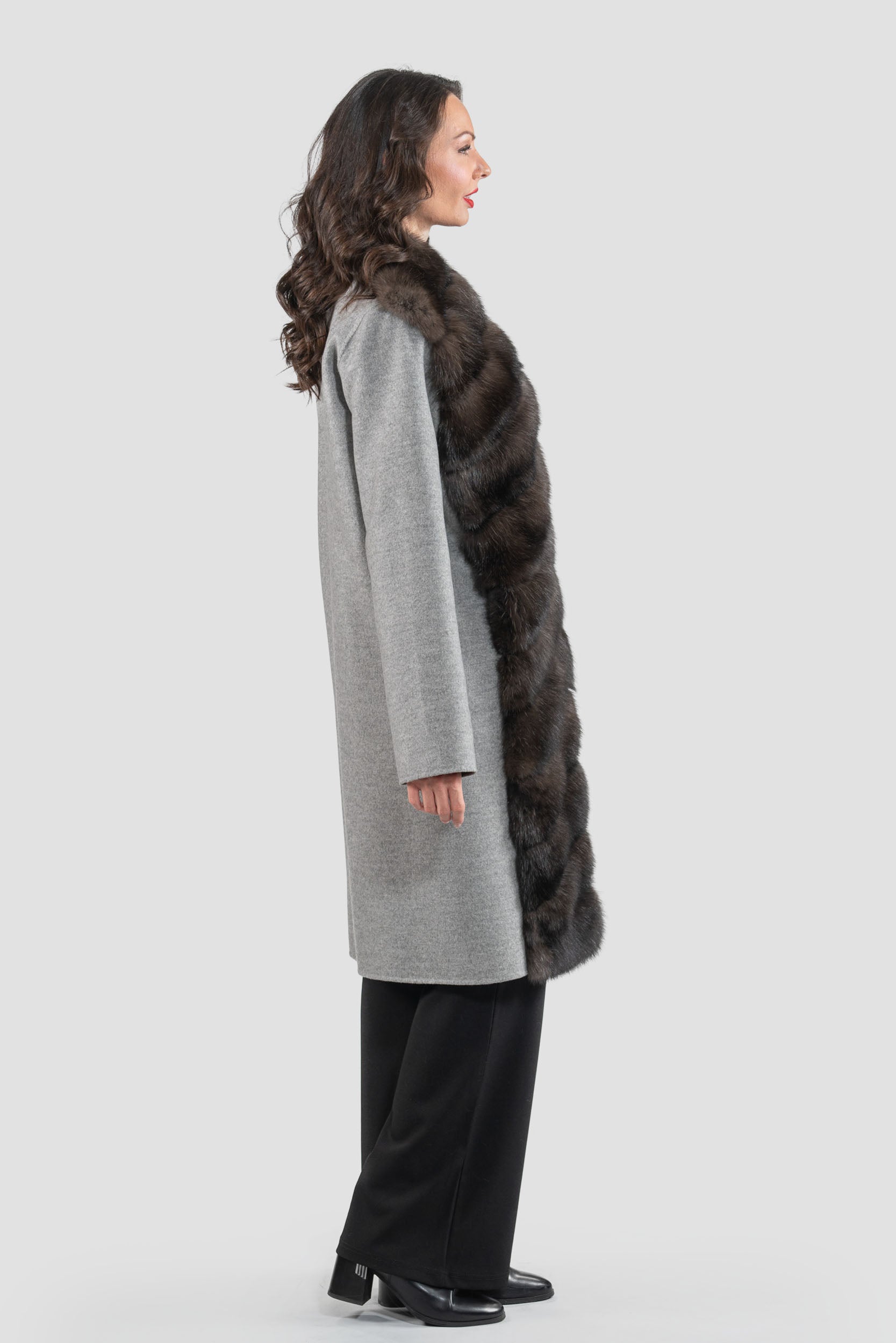 Grey Cashmere Half Coat with Russian Sable Trim 17C8003G530