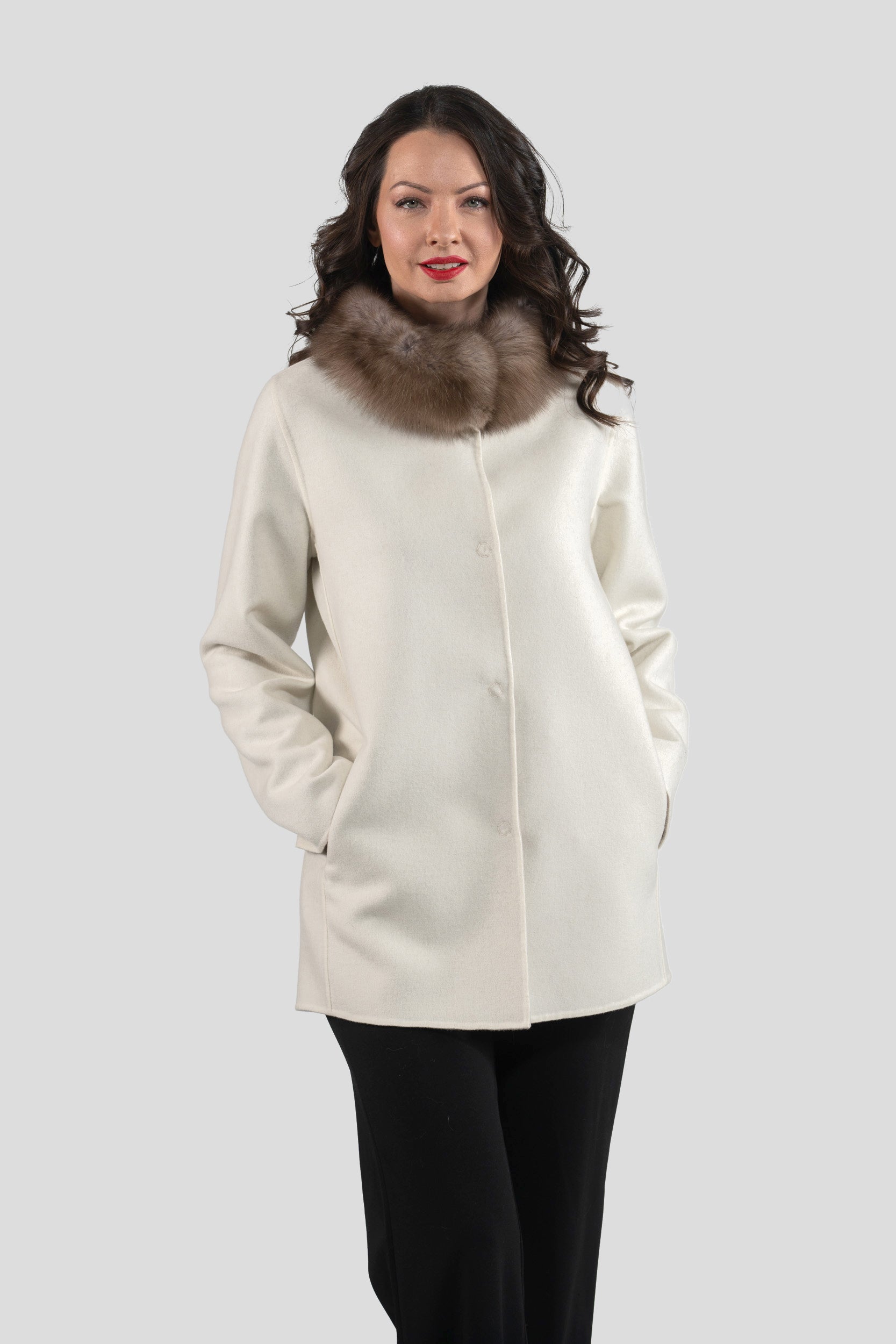 White Cashmere Jacket with Russian Sable Trimmed Stand Collar 17C8003G530