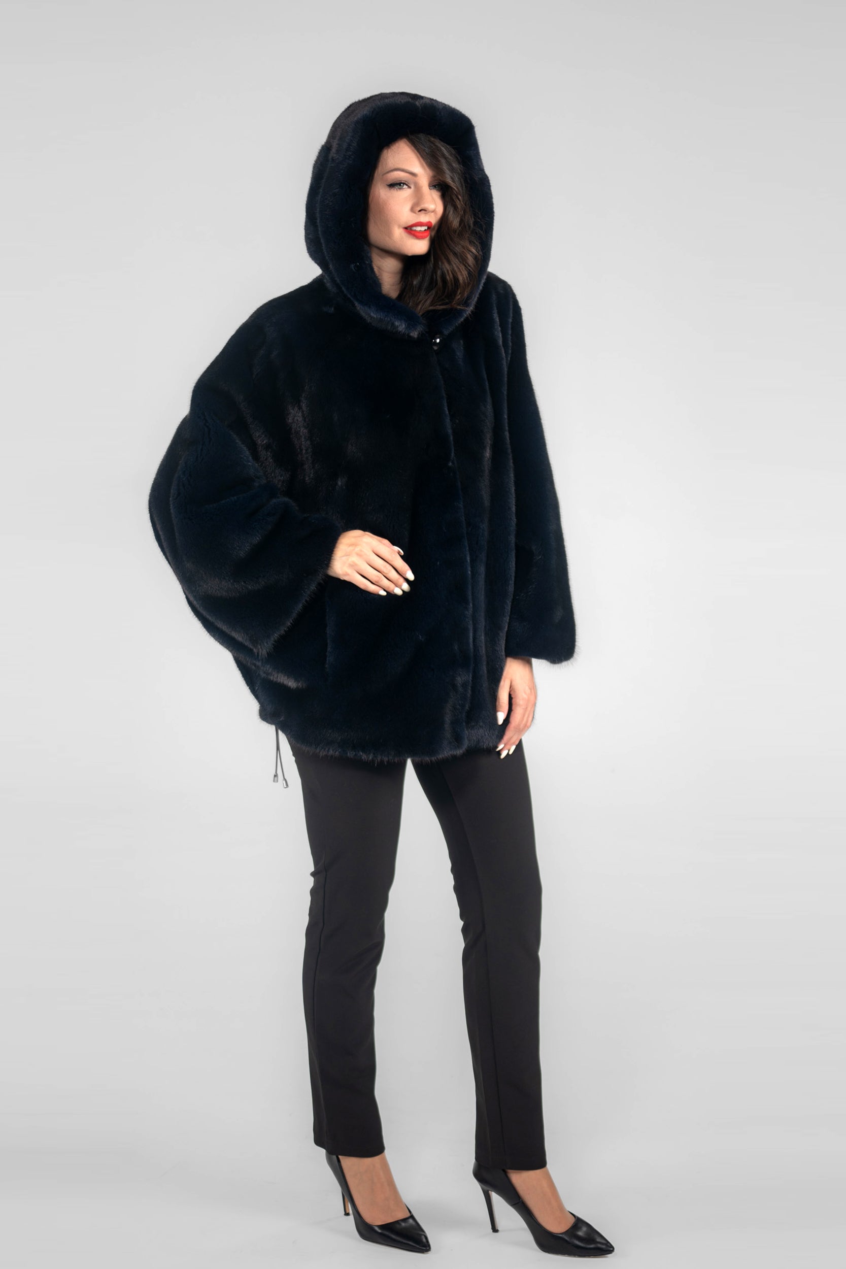 Blue Black Mink Jacket with Hood L/OR5