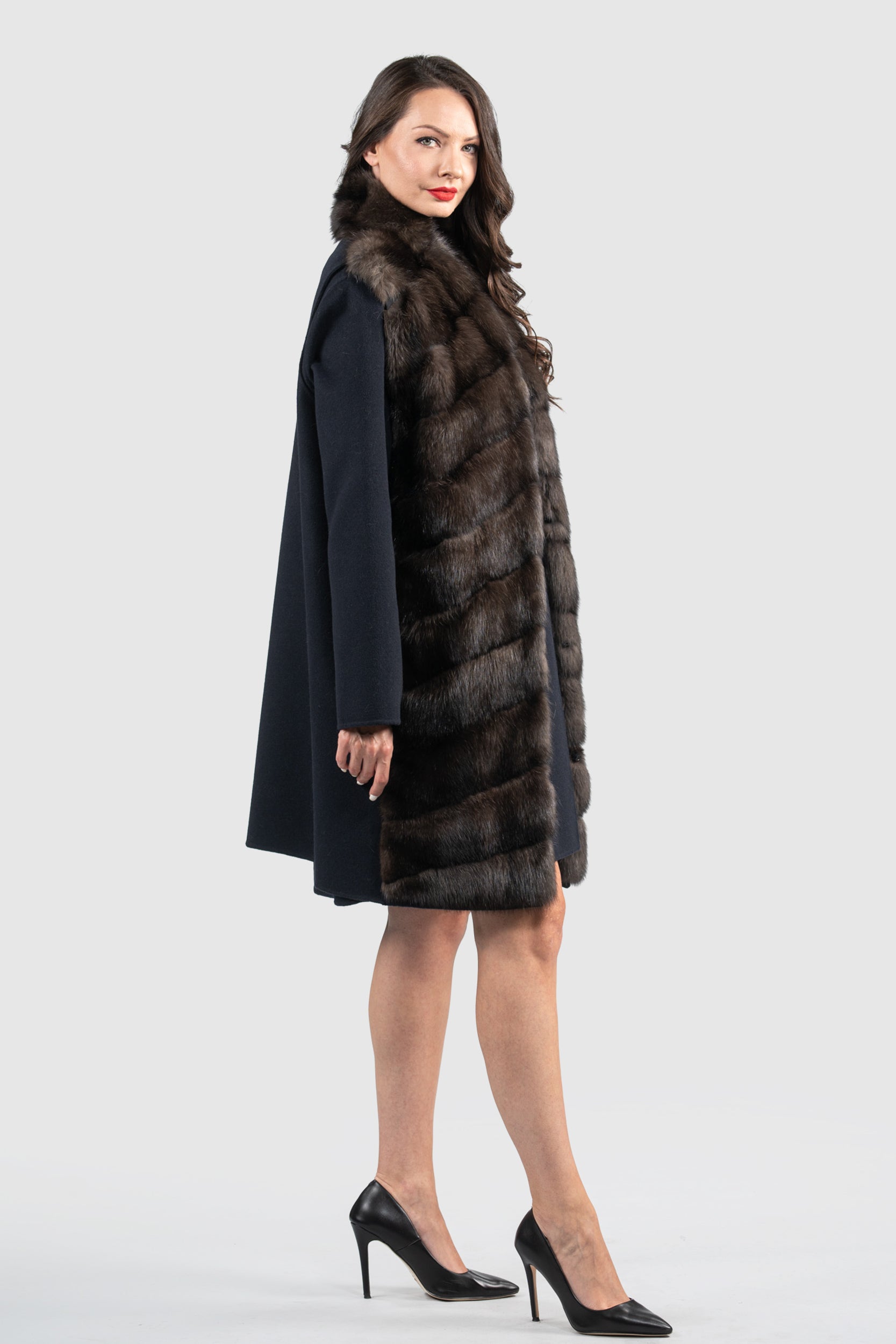 Blue Black Cashmere Half Coat & Vest with Russian Sable Trim 17C8003