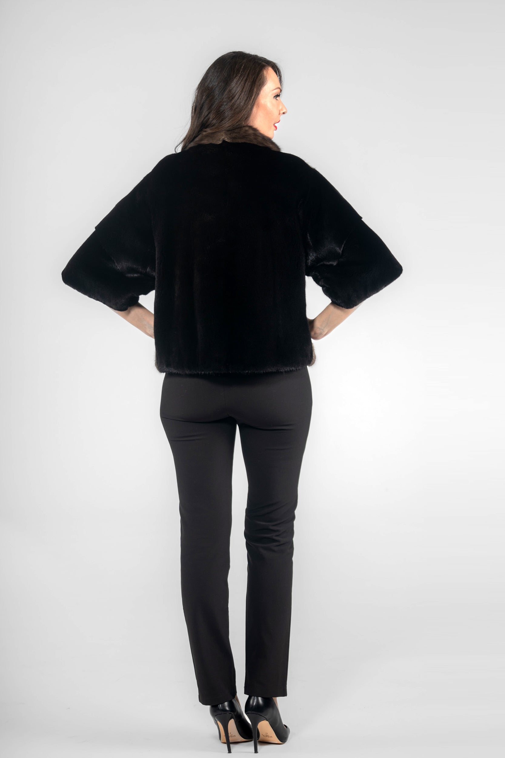 Short Sleeve Blackglama Mink Jacket with Stand Collar and Russian Sable Trim L/O16C728