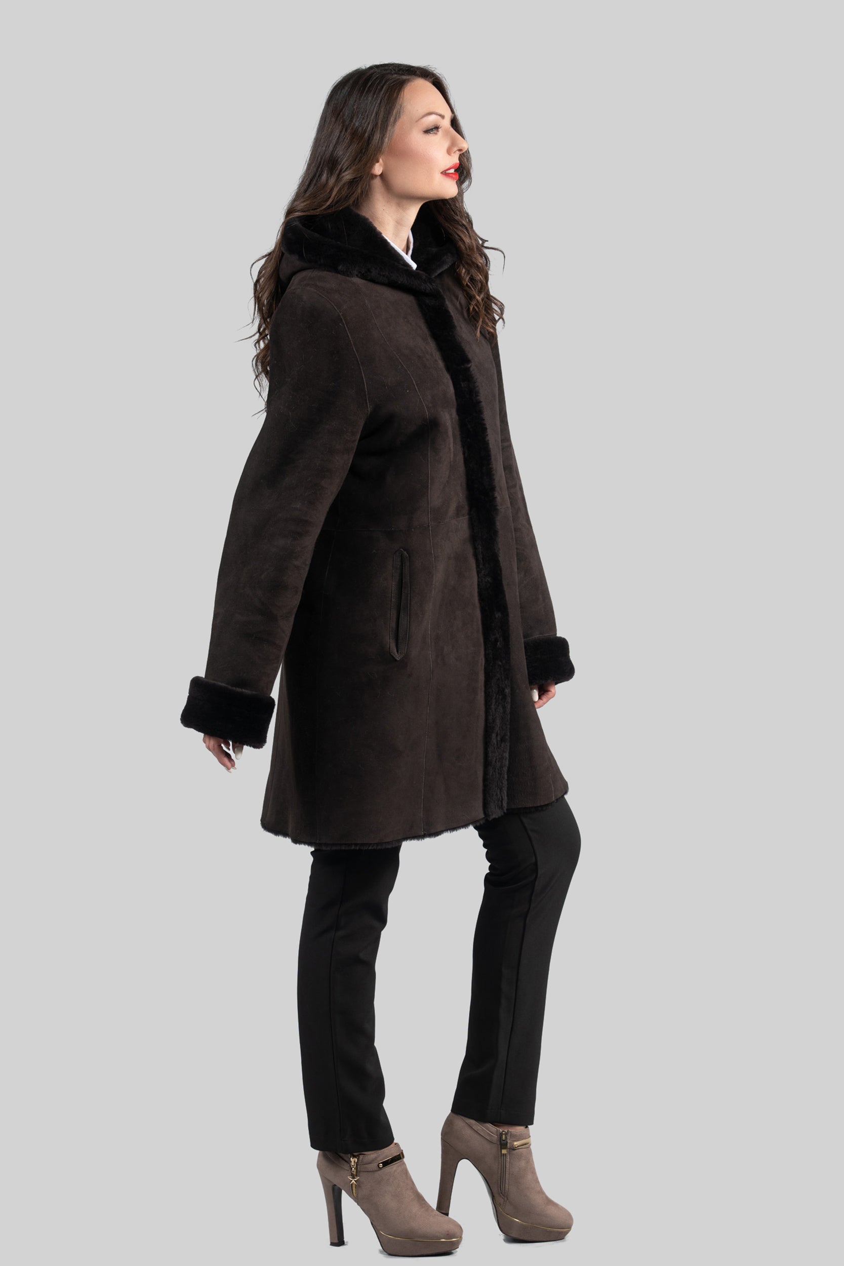 Hooded Brown Half Coat In Spanish Merino 207H