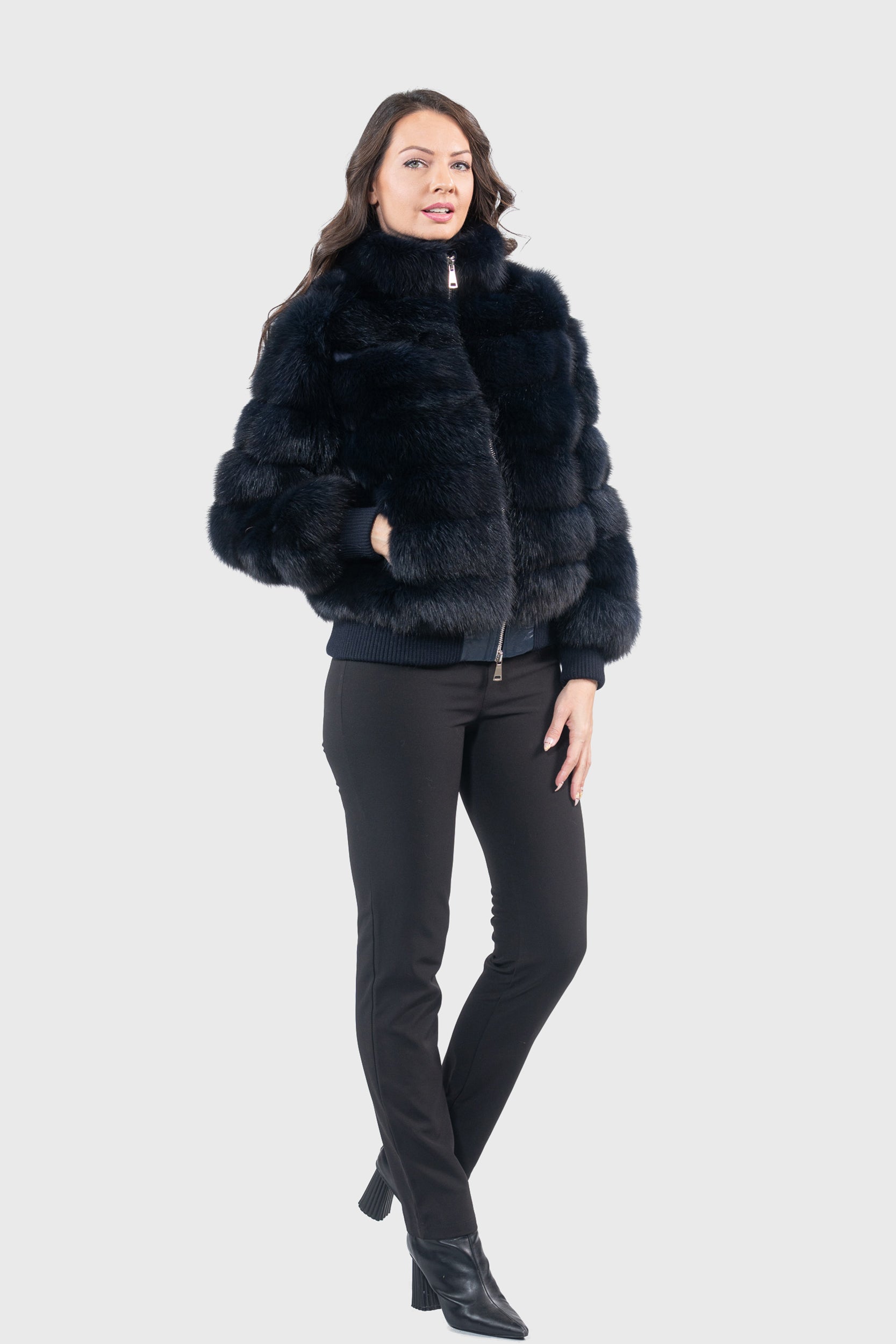 Blue Black Baumarten Bomber Jacket with Stand Collar P/K228