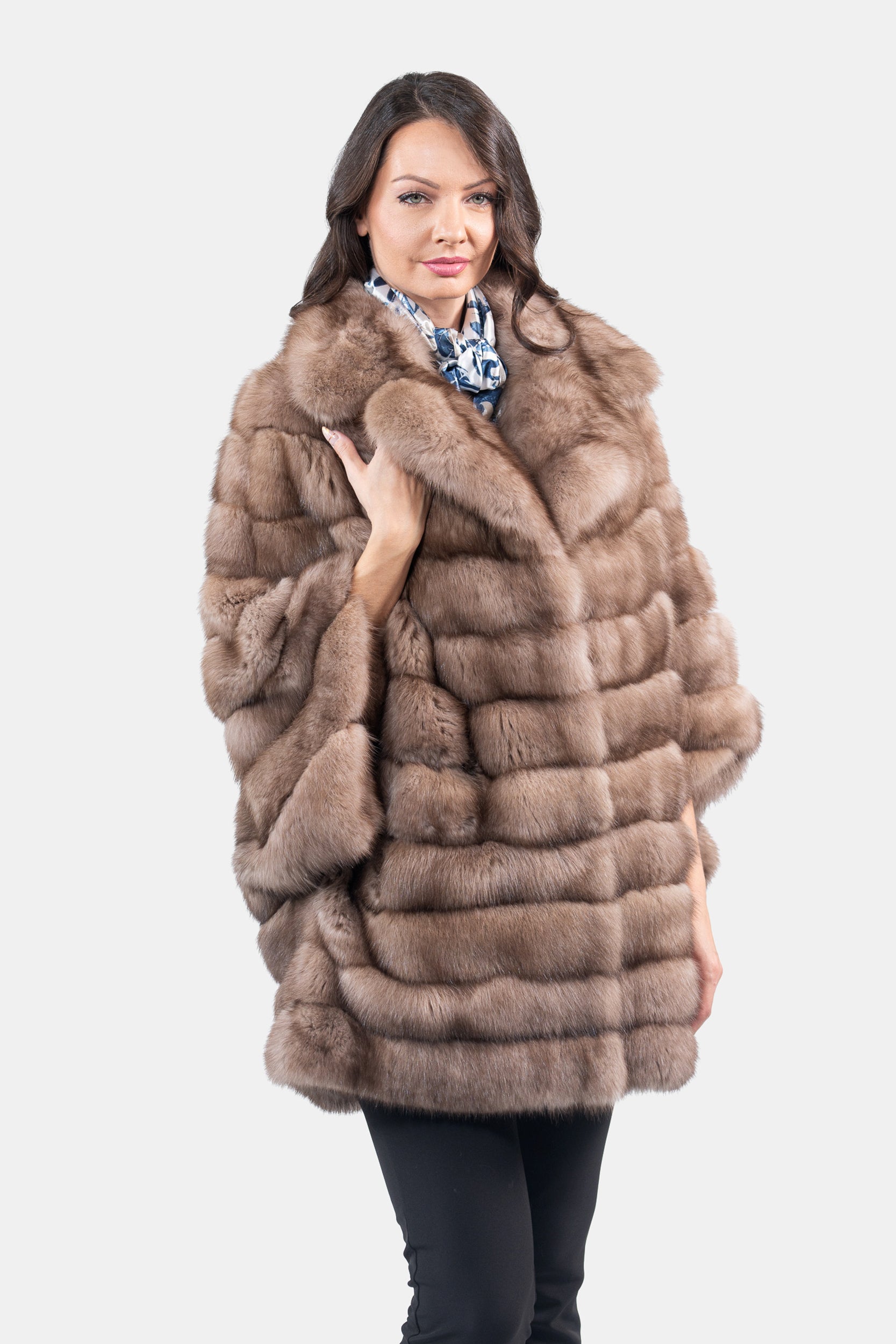 Graphite Russian Sable Cape with Notch Collar P/K13C929