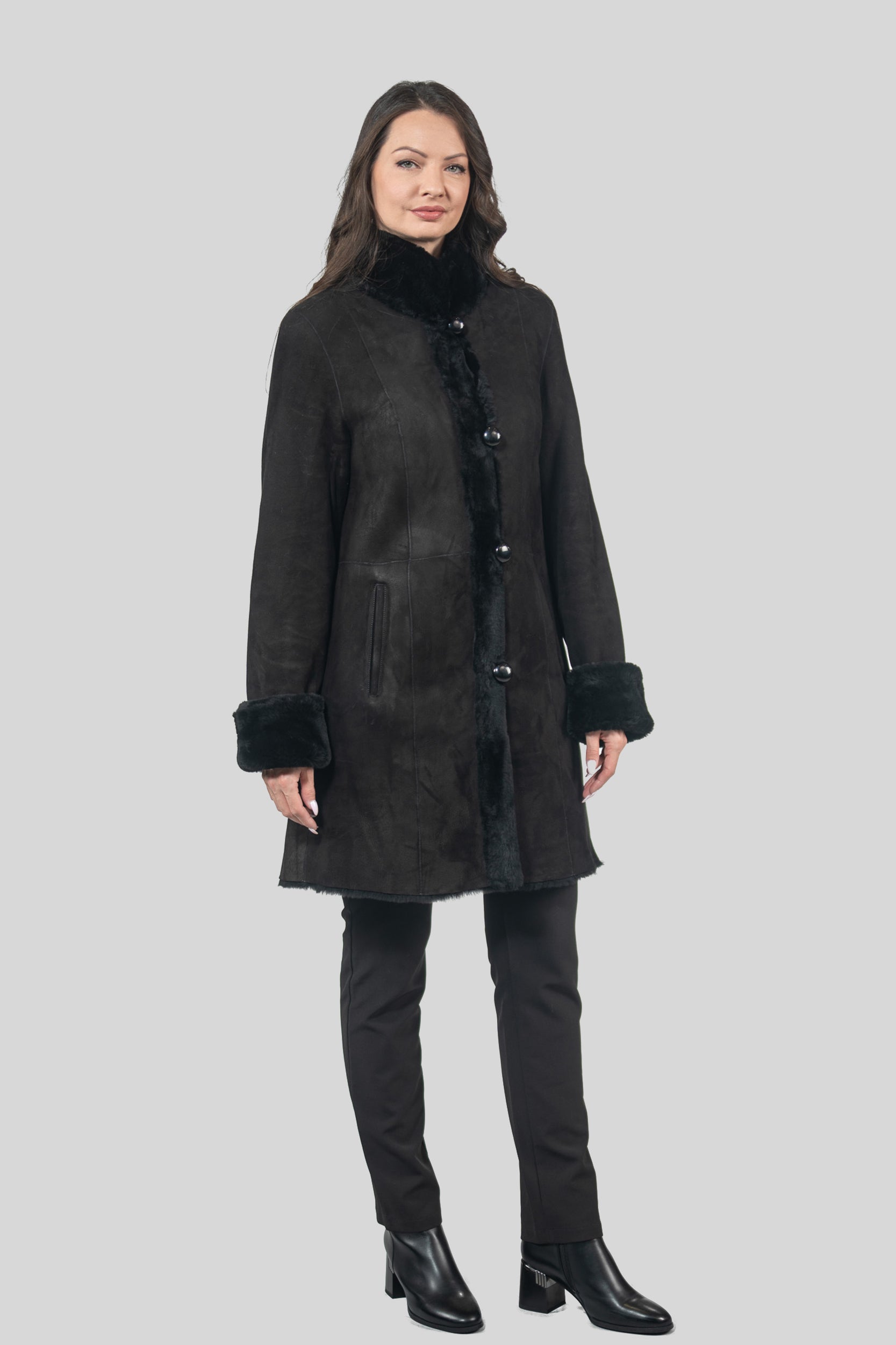 Black Half Coat In Spanish Merino with Stand Collar 207