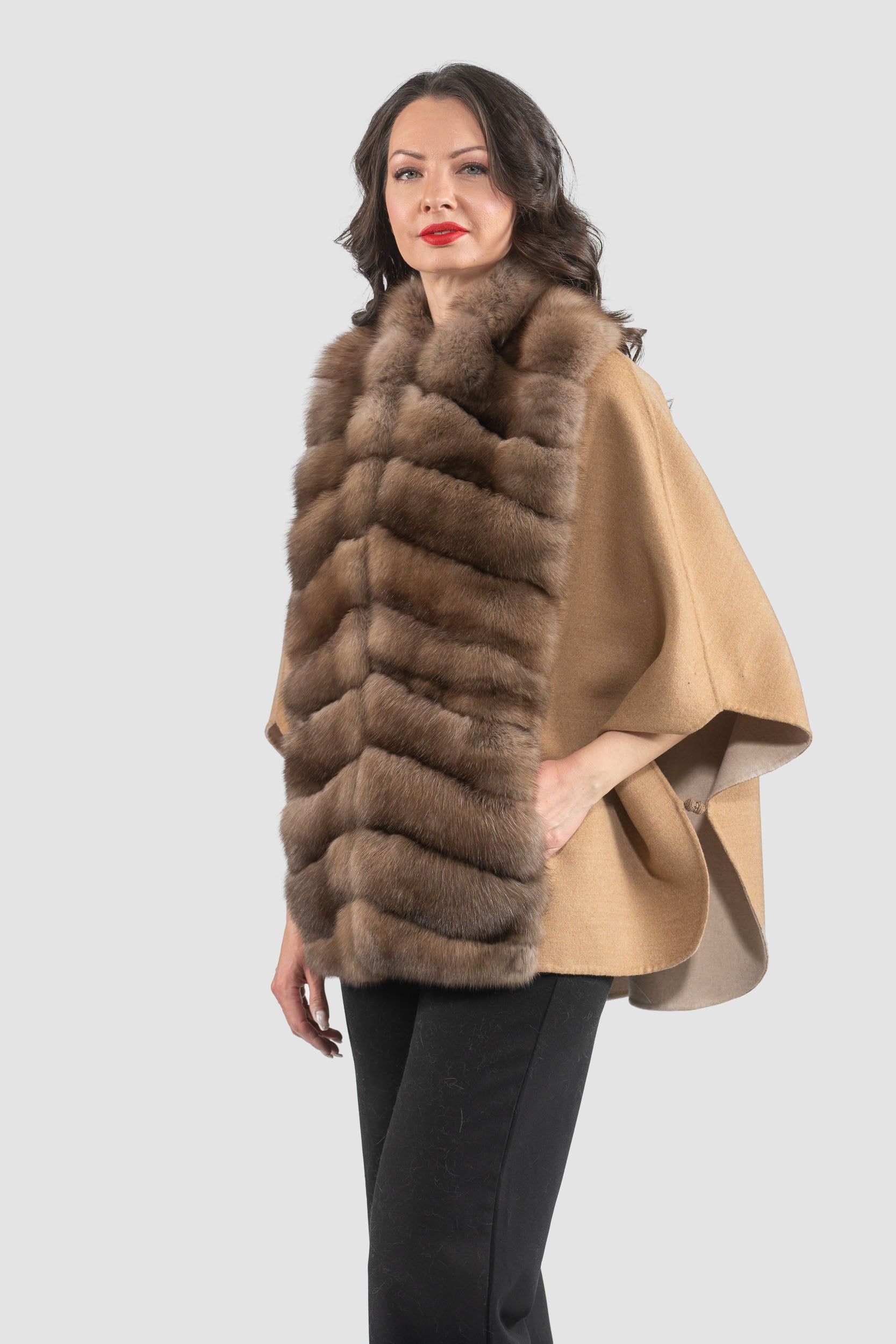 Beige Cashmere Cape with Russian Sable Trim 18M95088