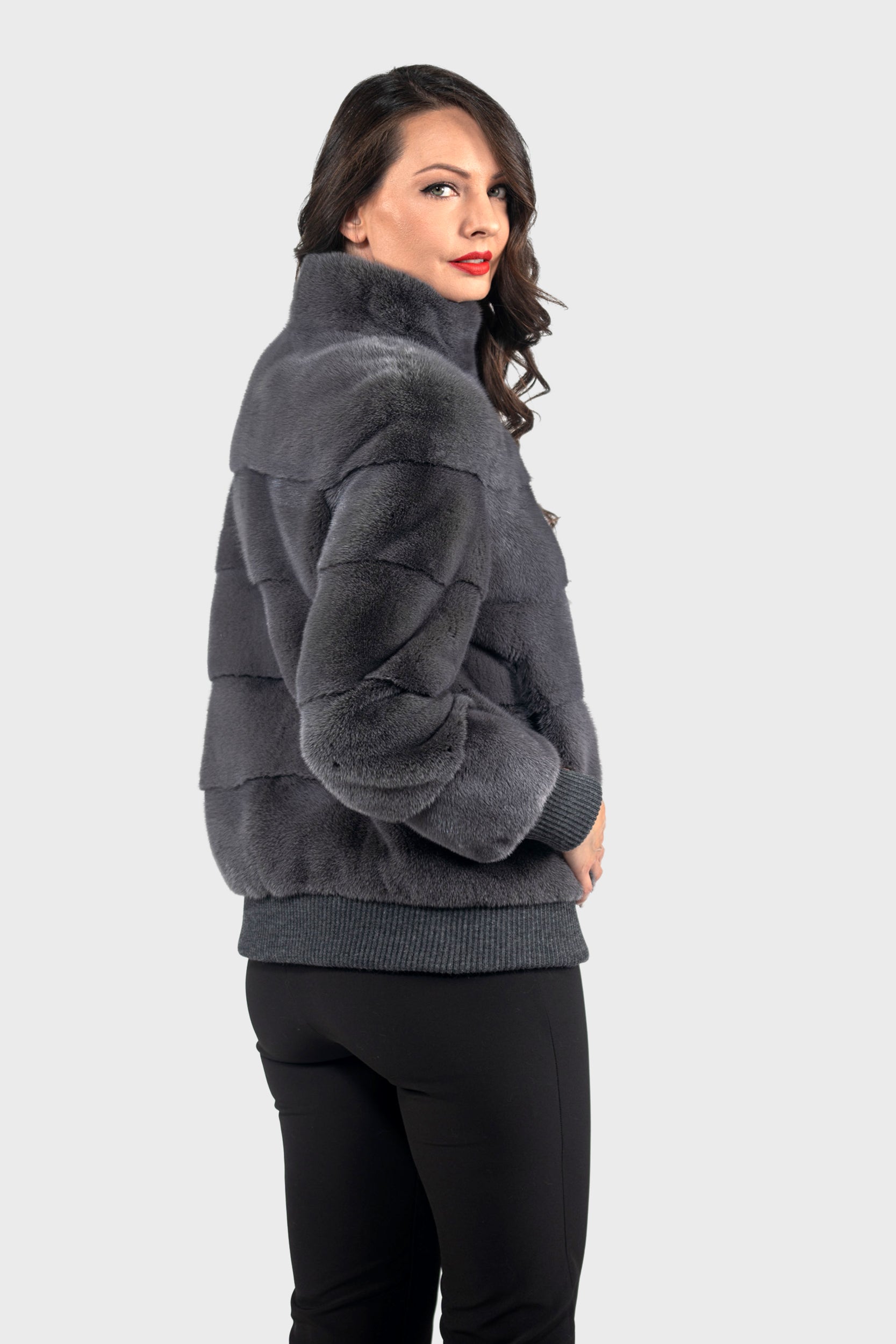 Grey Moon Mink Bomber Jacket with Stand Collar P/K13C224