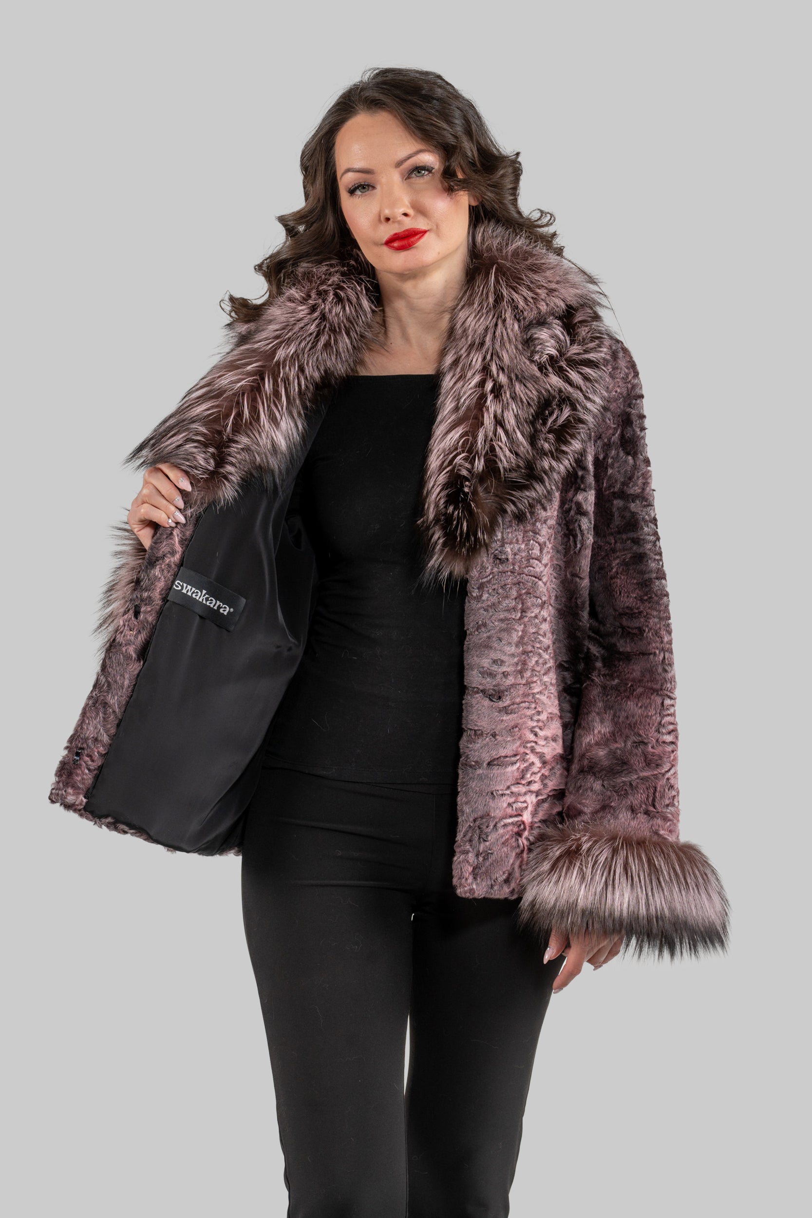 Swakara Jacket With Fox Fur Trim Notch Collar and Cuffs in Pink S/S13C528s20