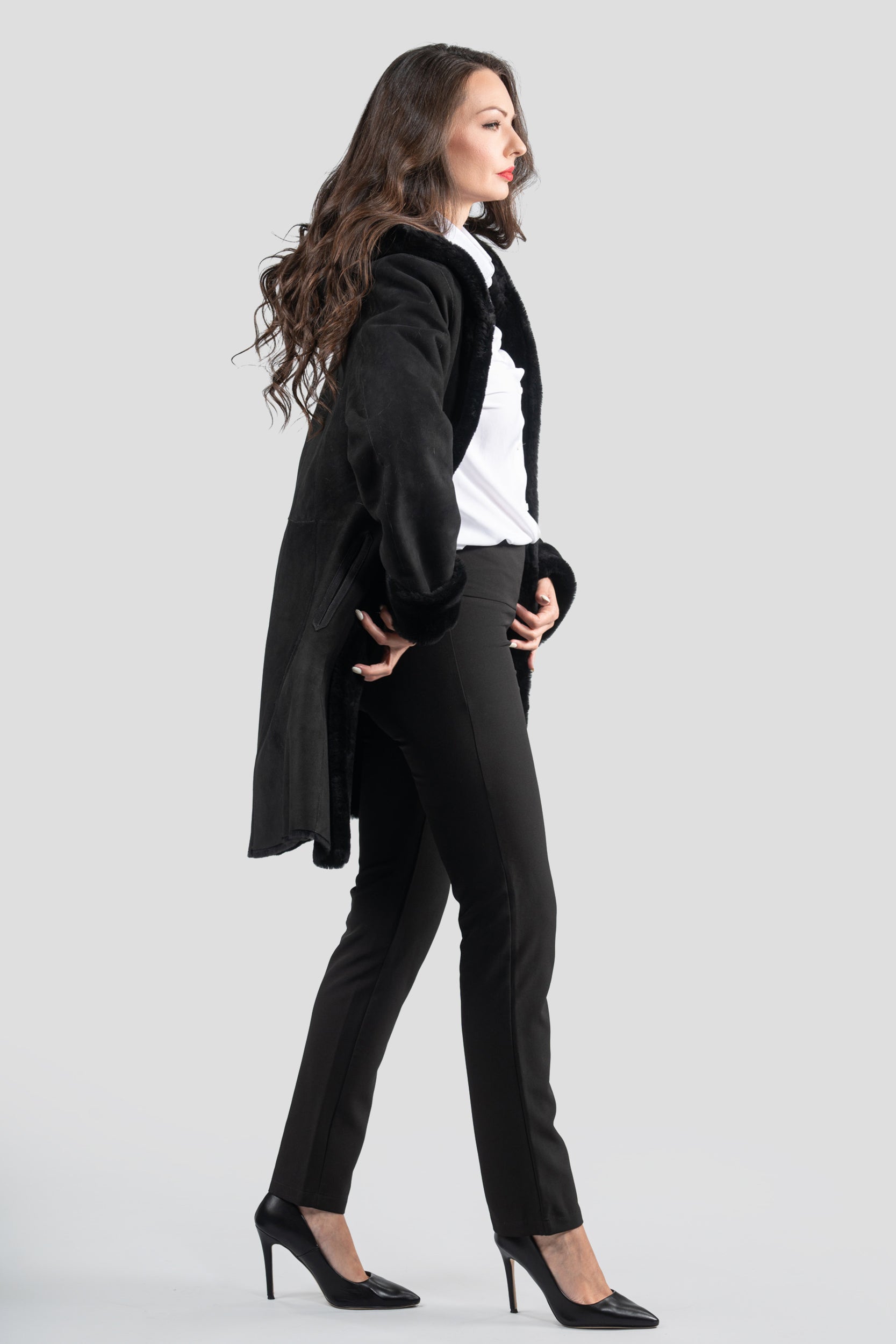 Hooded Black Half Coat In Spanish Merino 207H