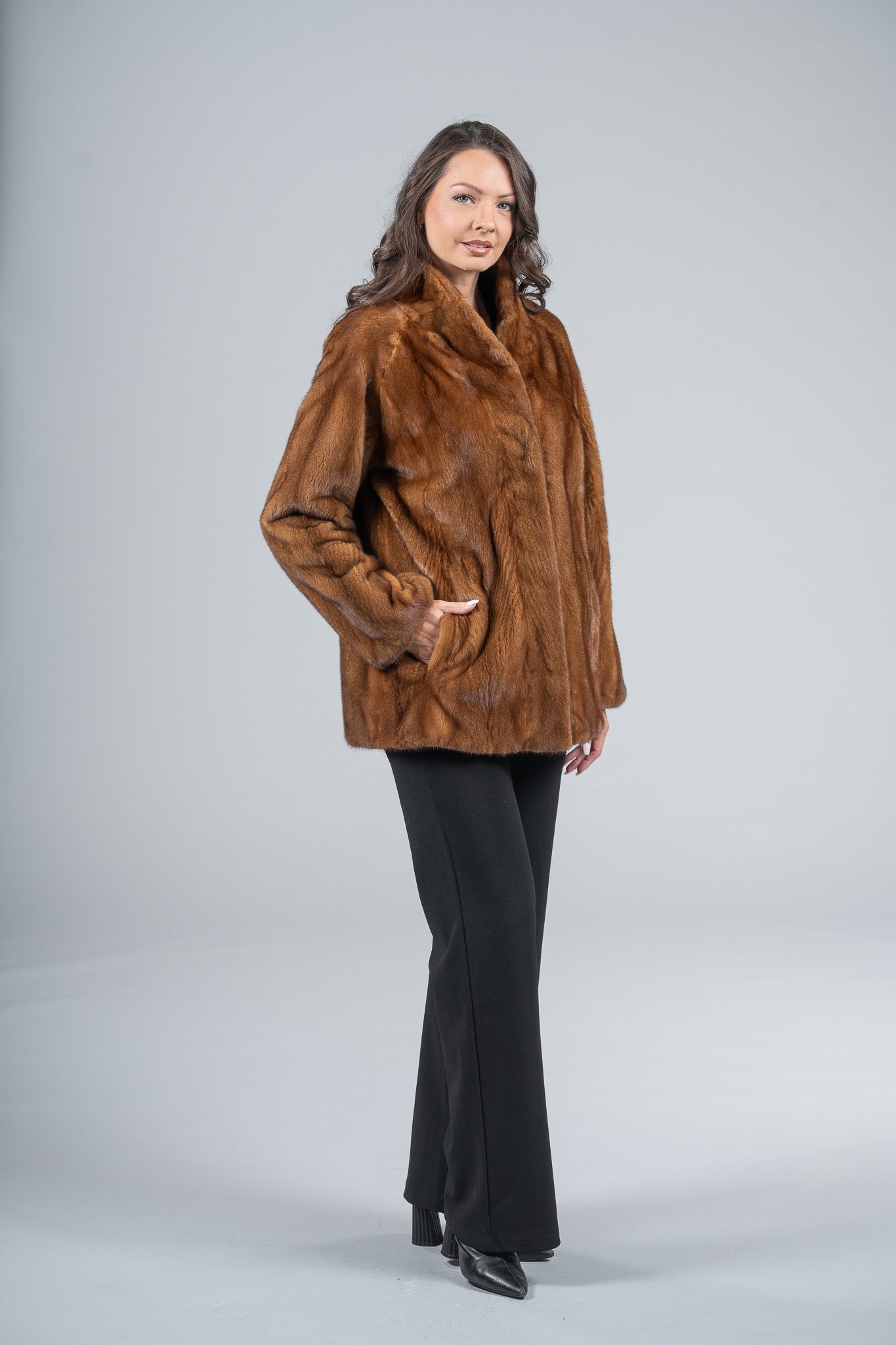 Gold Mink Half Coat with Stand Smoking Collar L/O13C530G8003
