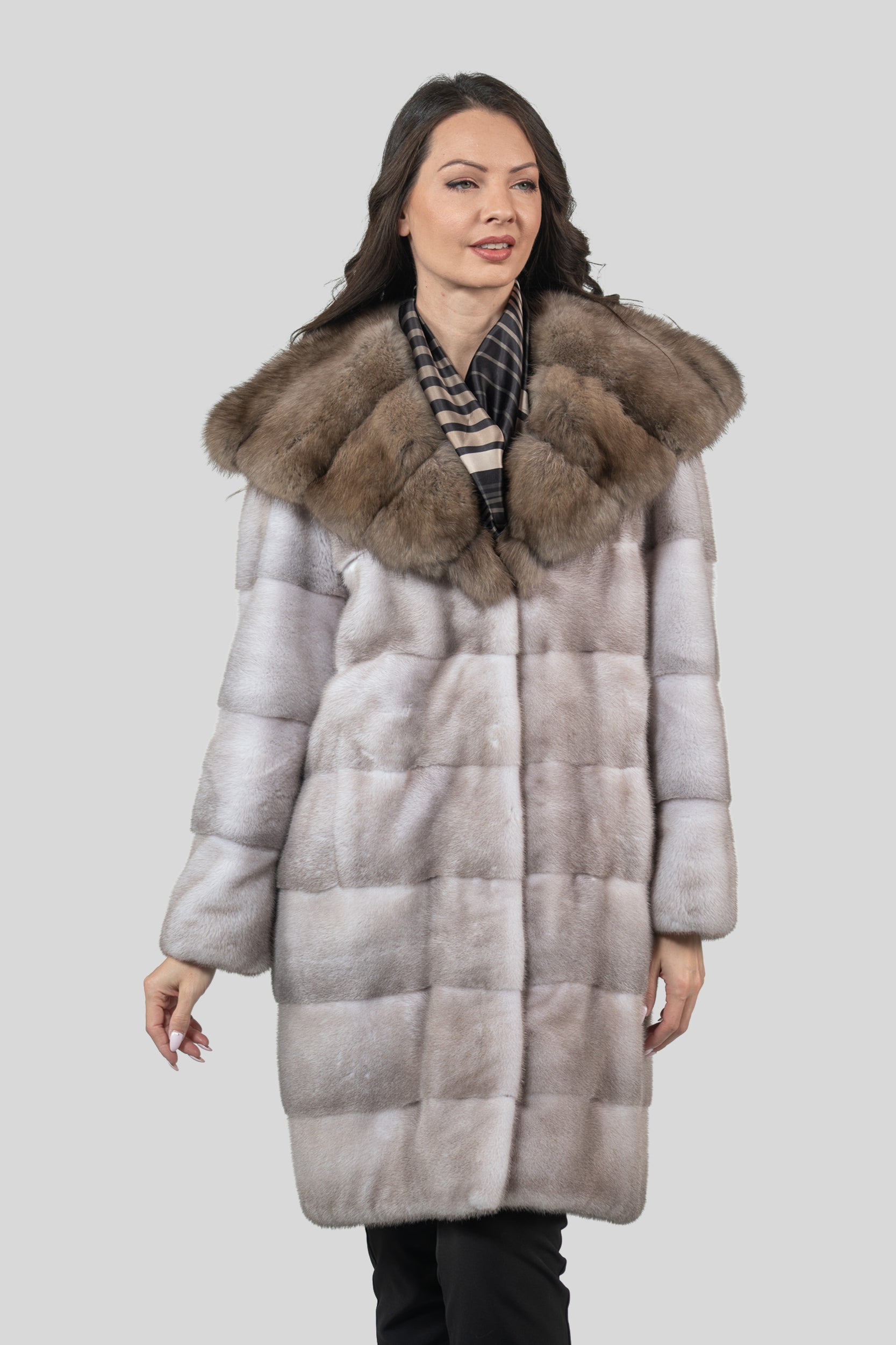 Silver Blue Mink Half Coat With Russian Sable Hood P/K13C540