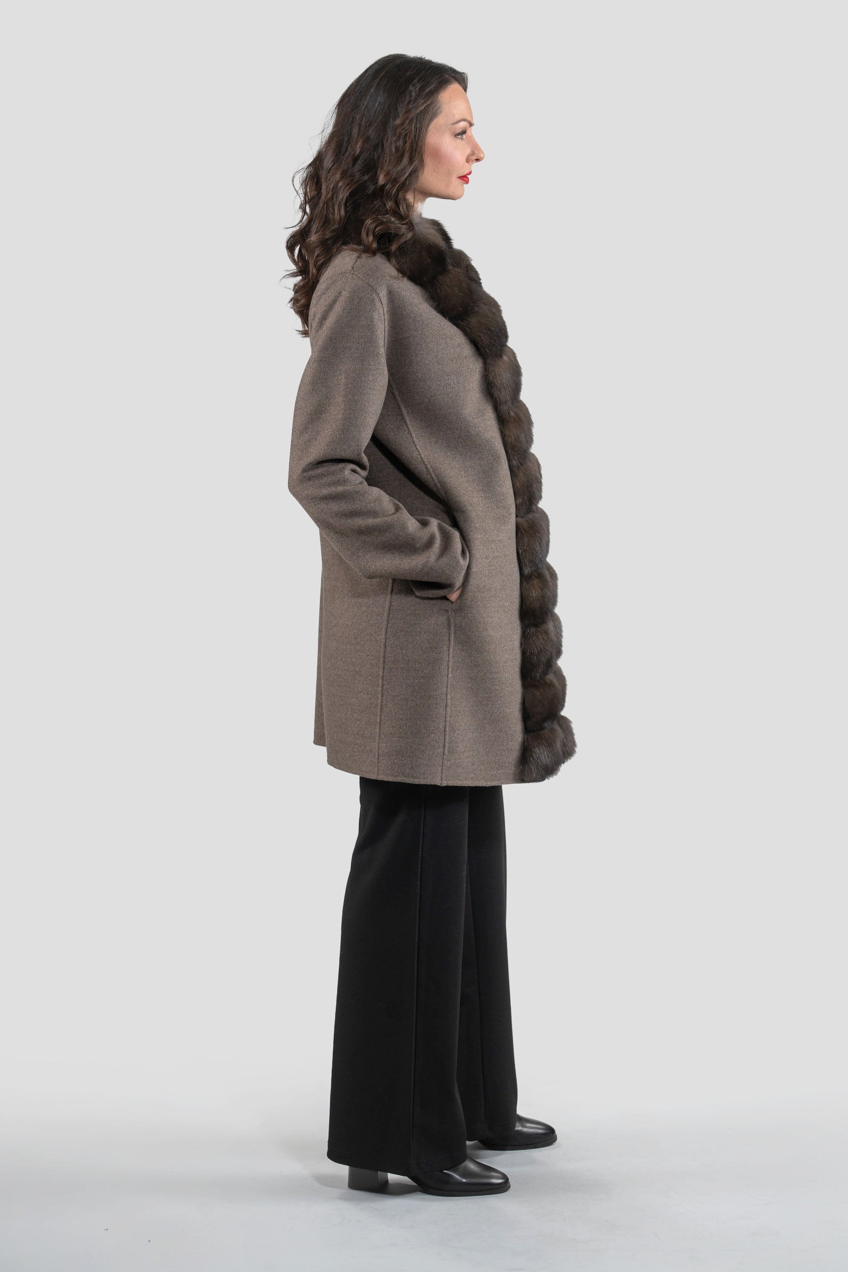 Grey Brown Cashmere Half Coat with Russian Sable Trim 21C6080