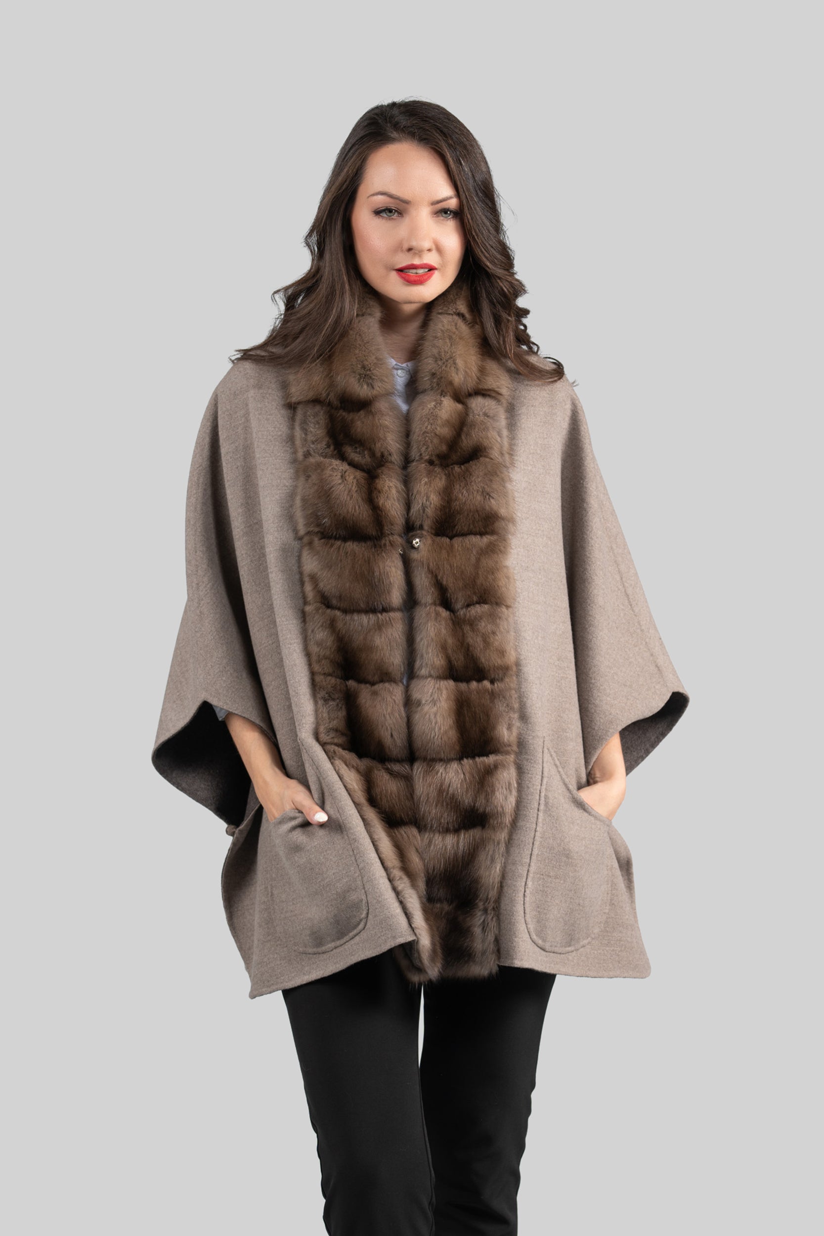 Grey Brown Cashmere Cape with Russian Sable Trim 18M951