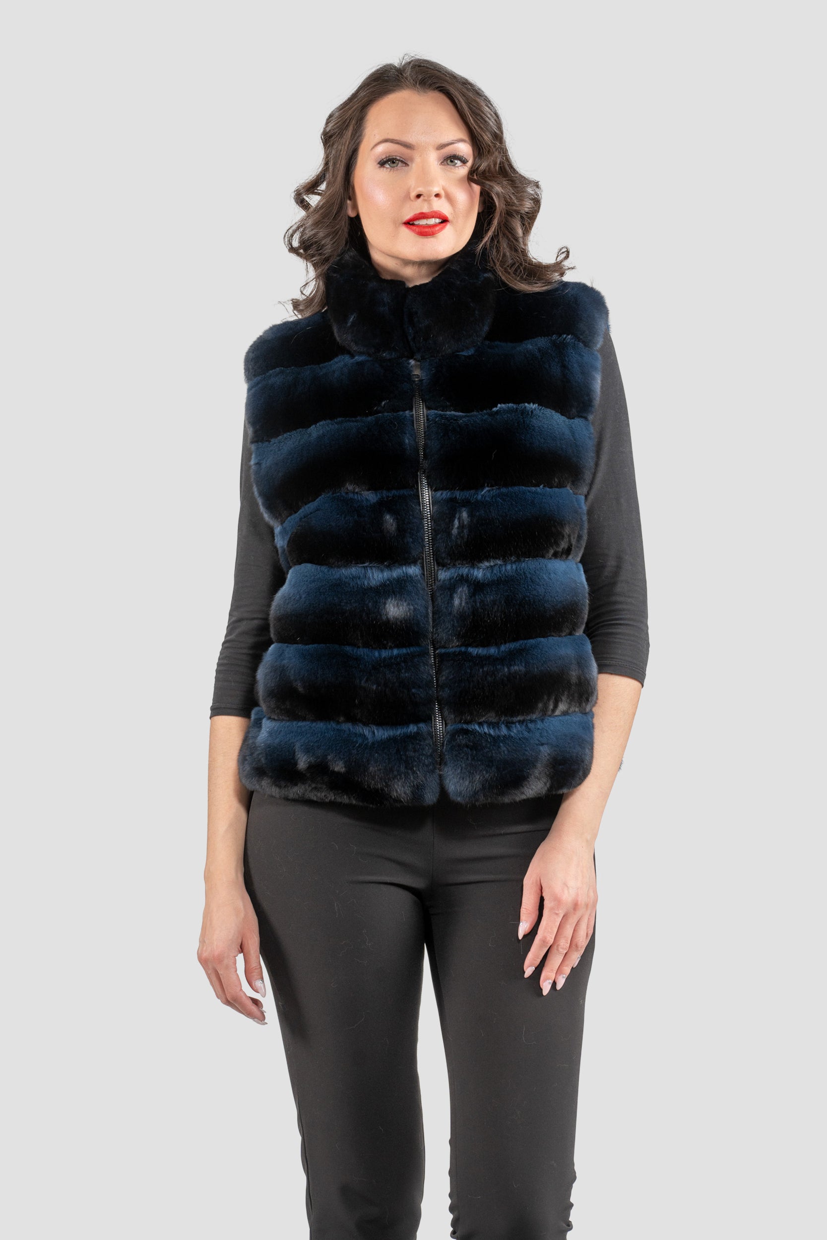 Chinchilla Fur Vest with Stand Collar and Mink Trim in Blue Black P/K2201