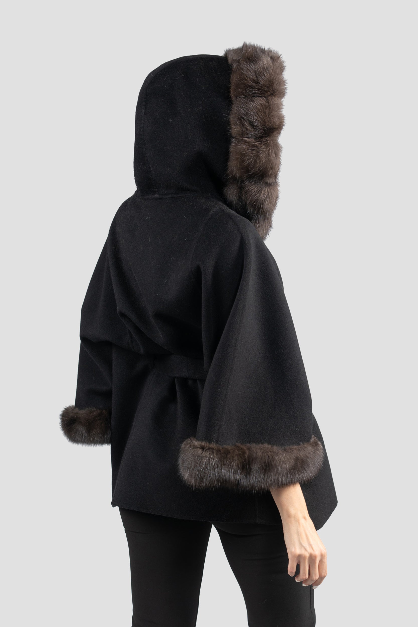 Black Cashmere Hooded Cape with Russian Sable Trim 2005H