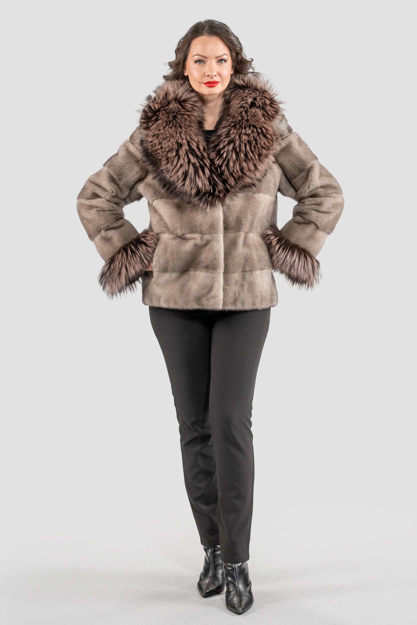 Silver Blue Mink Fur Jacket with Fox Shawl Collar and Cuffs P/K13C528C17