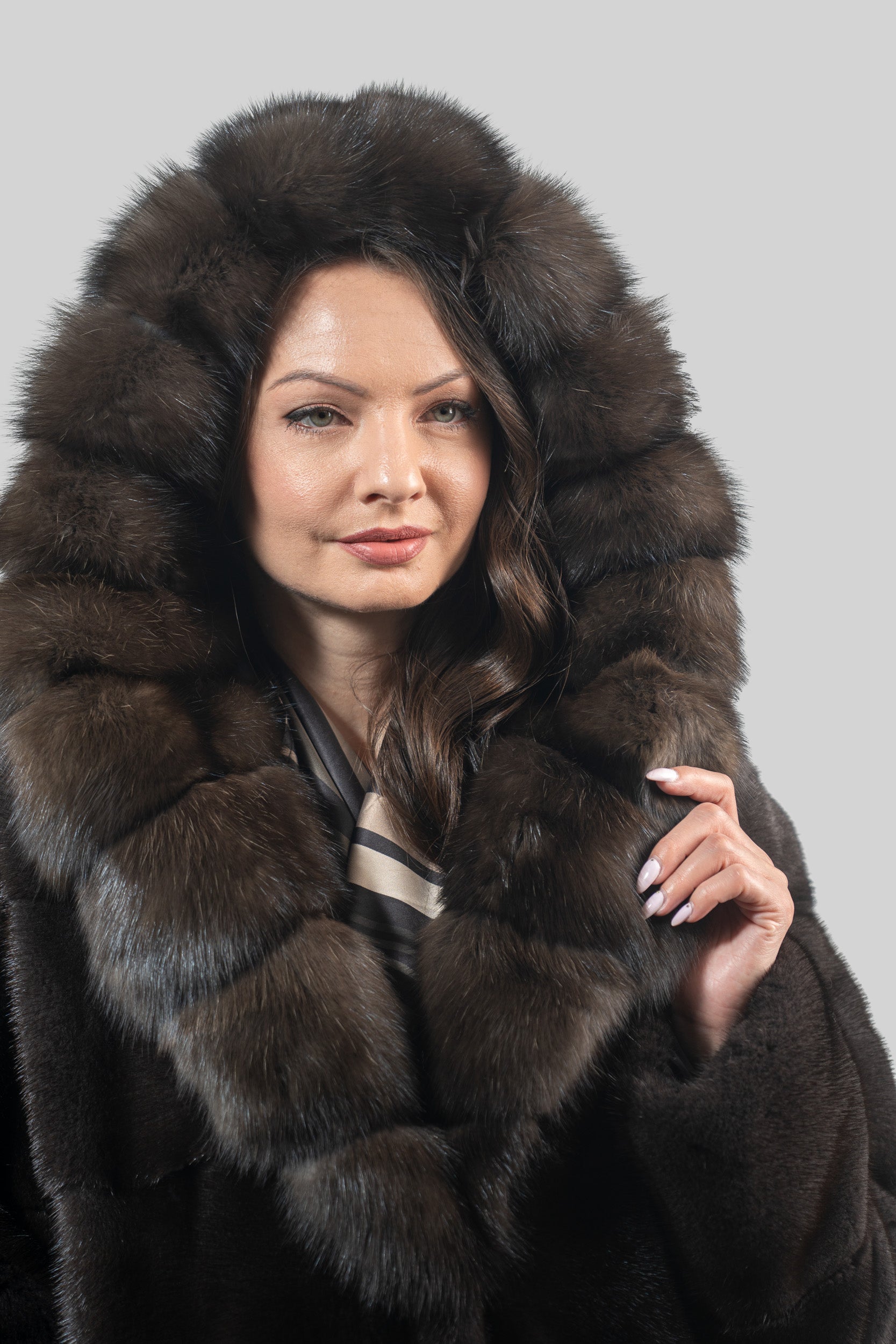 Grigio Mink Half Coat with Russian Sable Hood P/K13C540