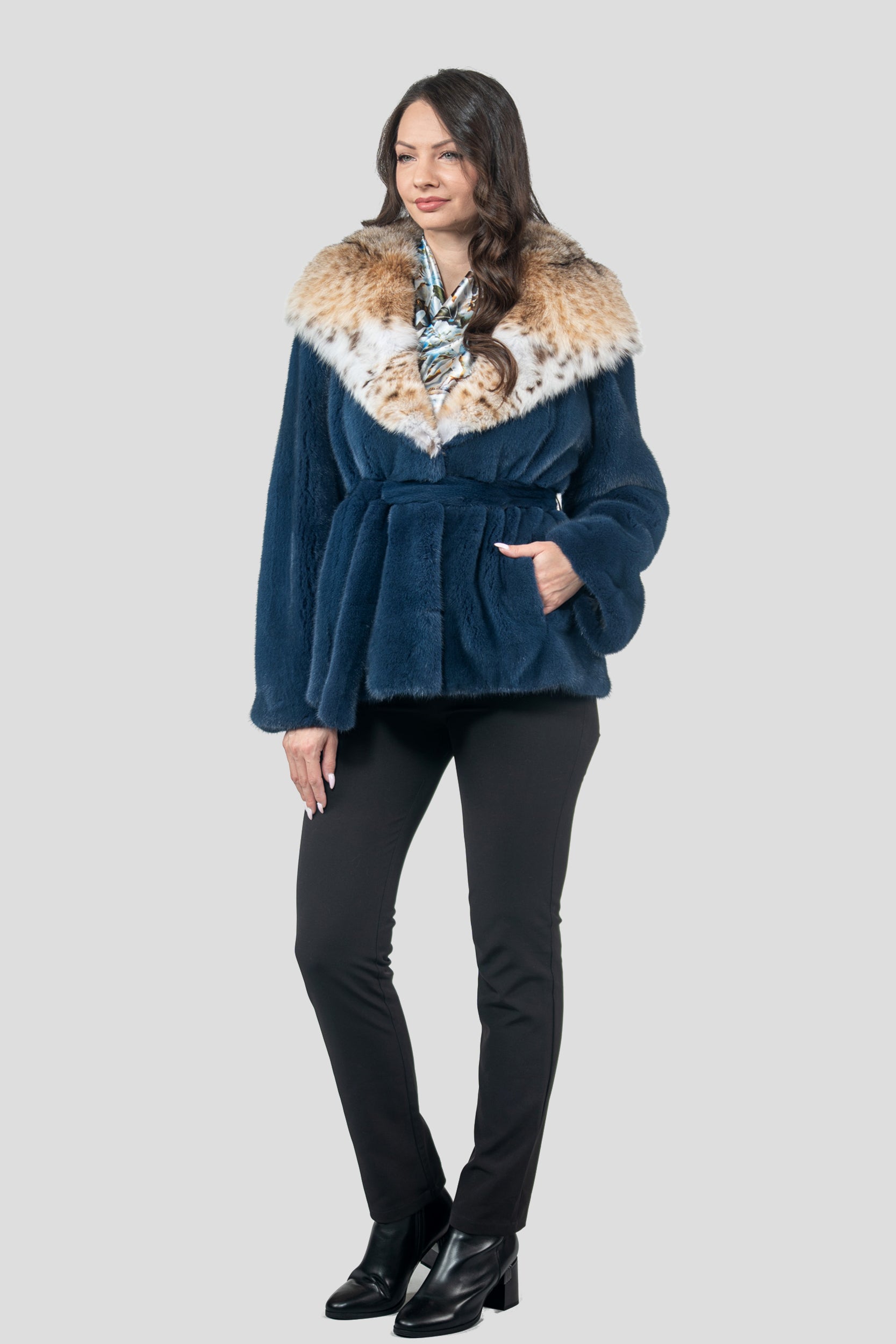 Blue Jean Mink Half Coat with Bobcat Hood L/O13C978