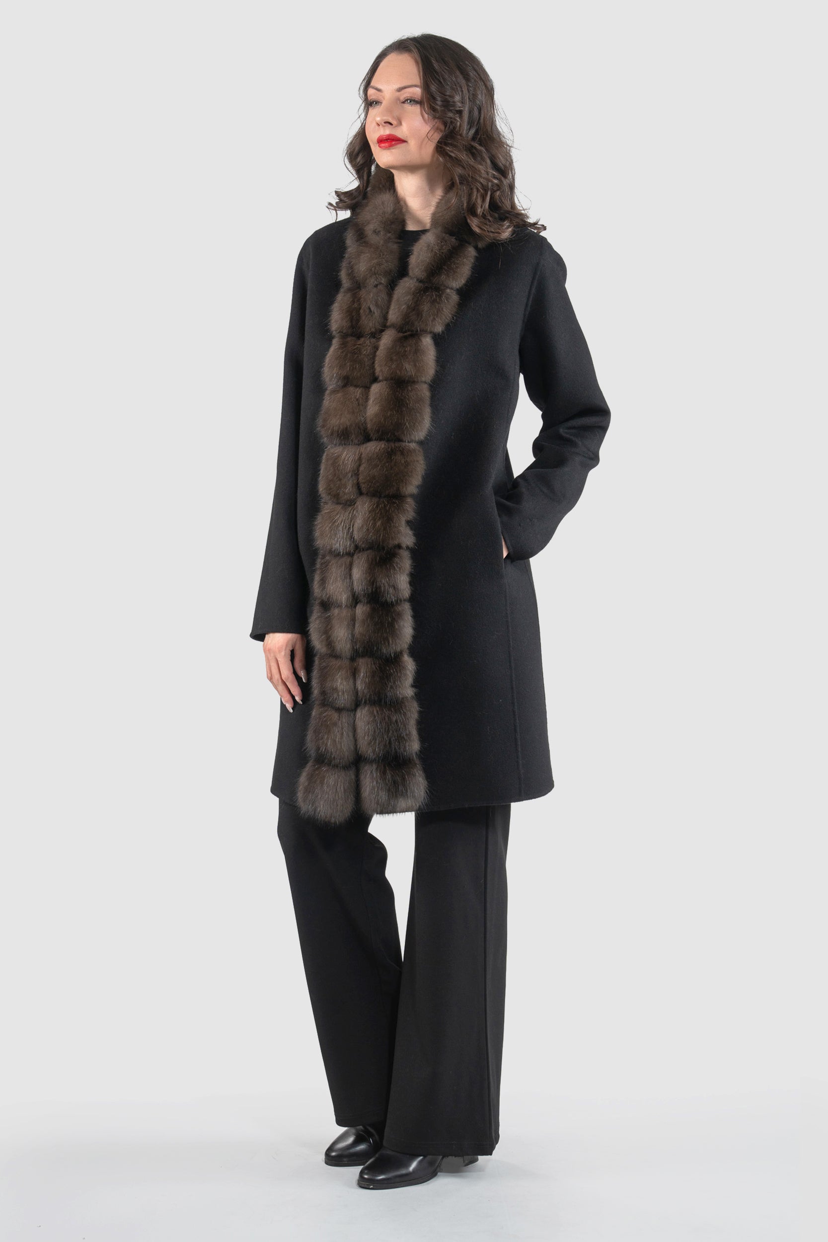Black Cashmere Half Coat with Russian Sable Trim 21C6080