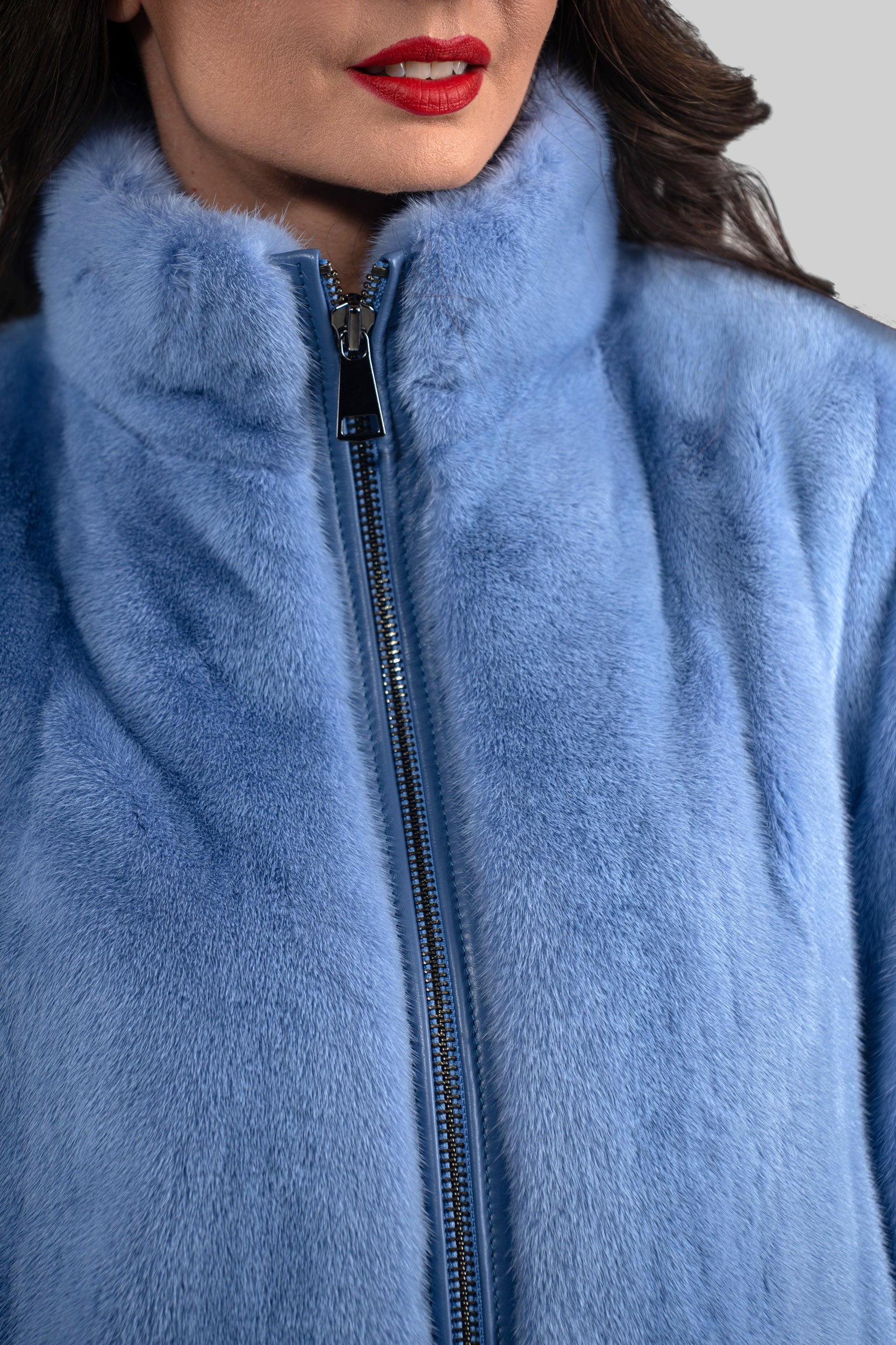 Aqua Marine Mink Bomber Jacket with Stand Collar L/O13C224