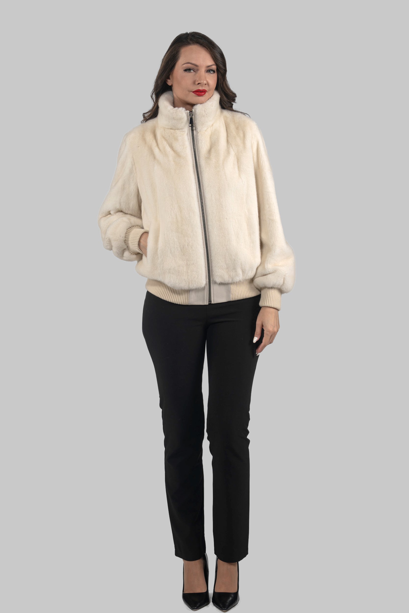 Beige Mink Bomber Jacket with Stand Collar L/O13C224