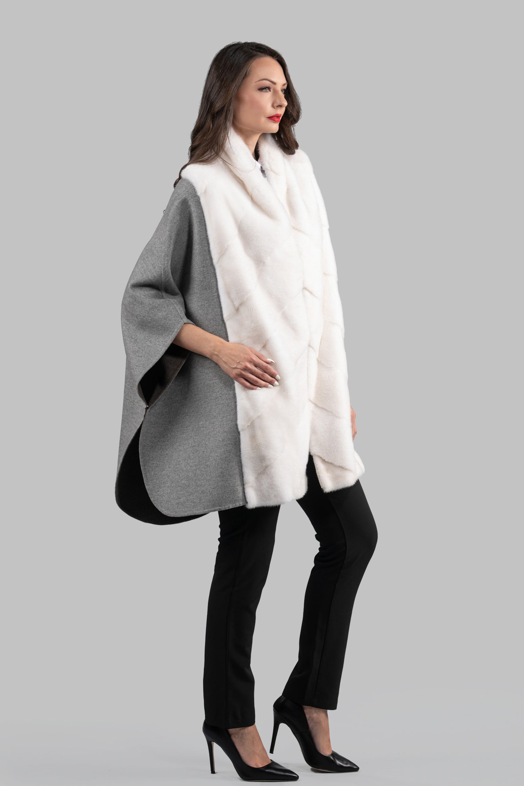 Grey Brown Cashmere Cape with Mink Trim 18M950