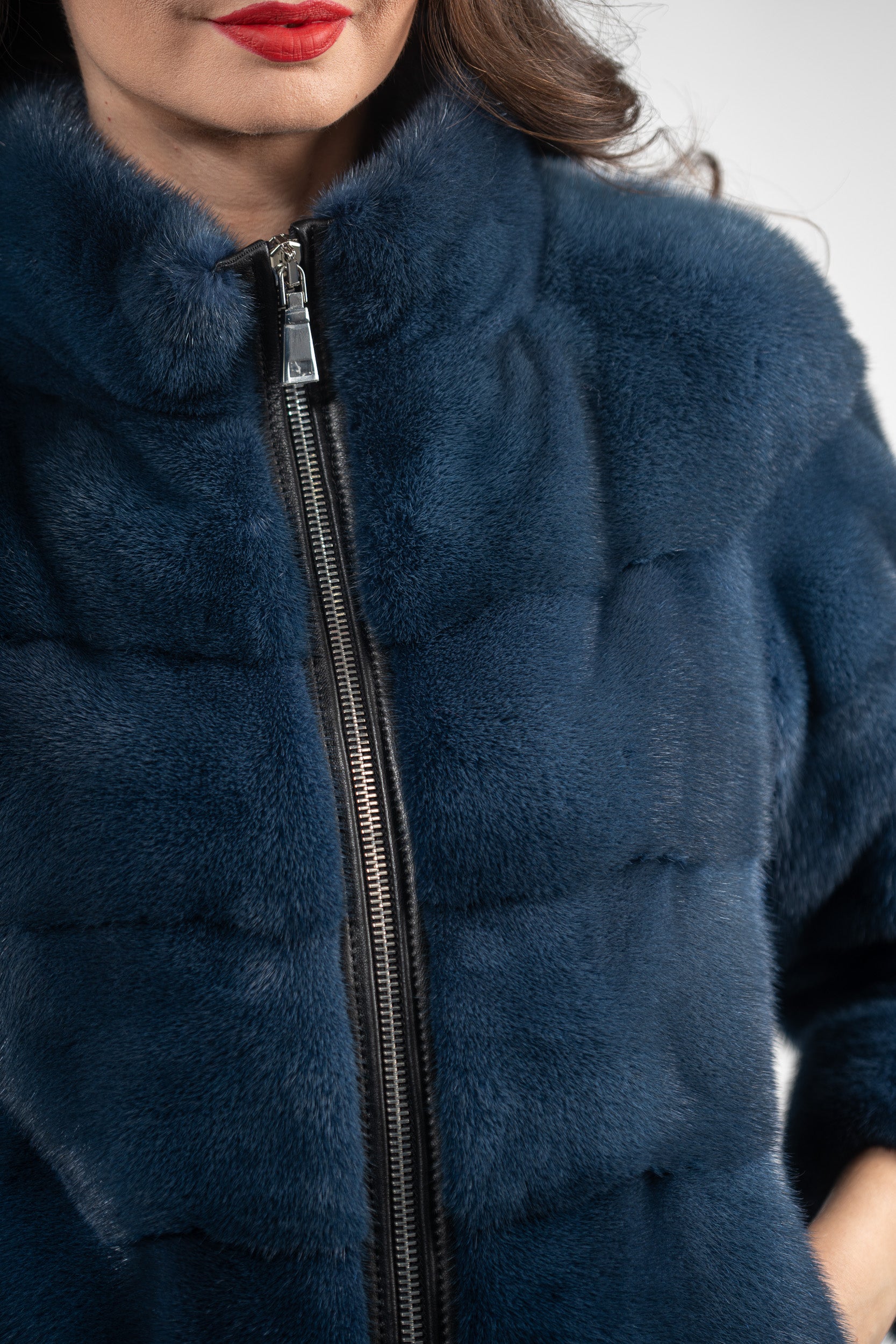 Blue Jean Mink Jacket with Stand Collar and Zipper P/K13C224