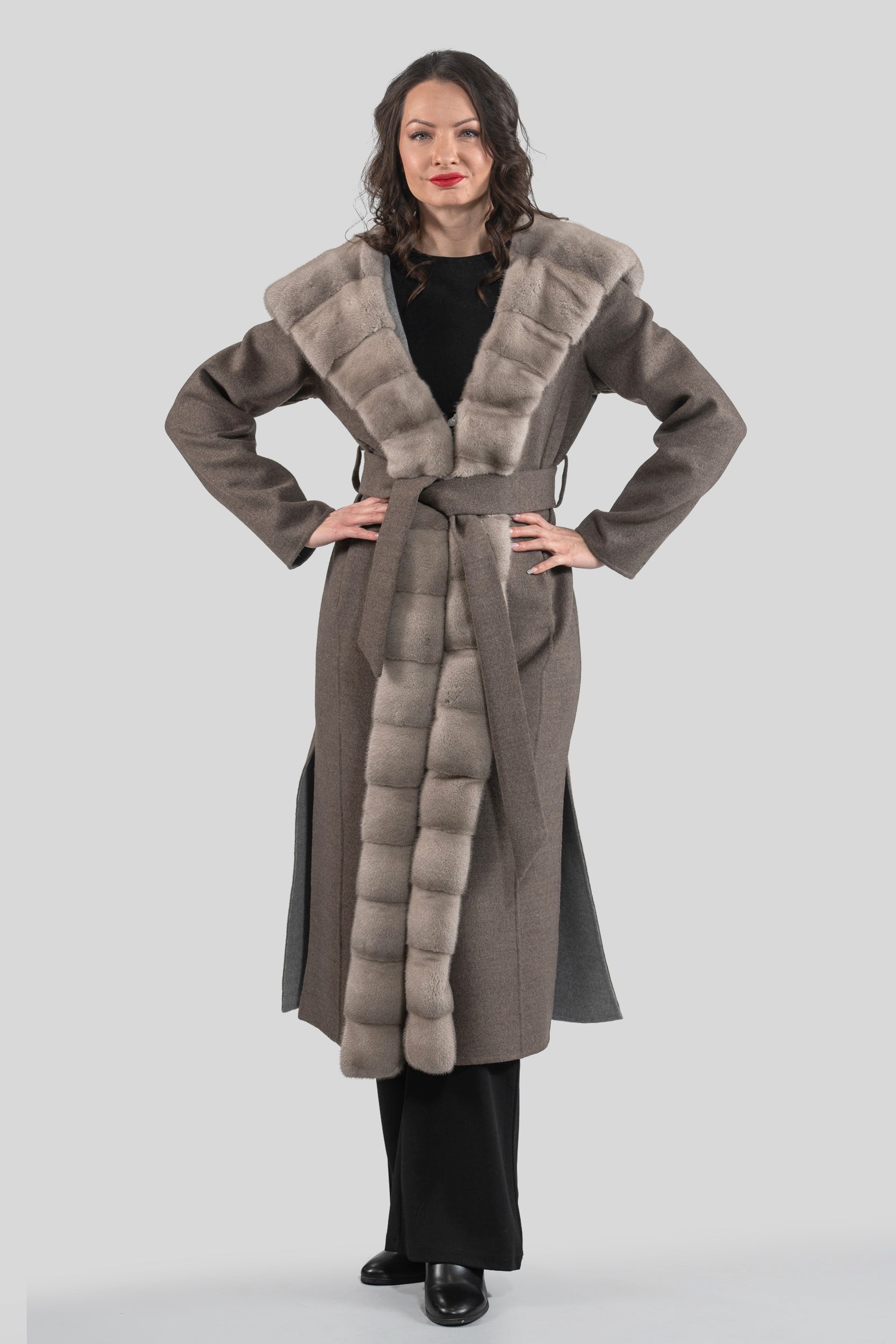Grey Brown Cashmere Hooded Coat with Mink Trim 21C6080H540