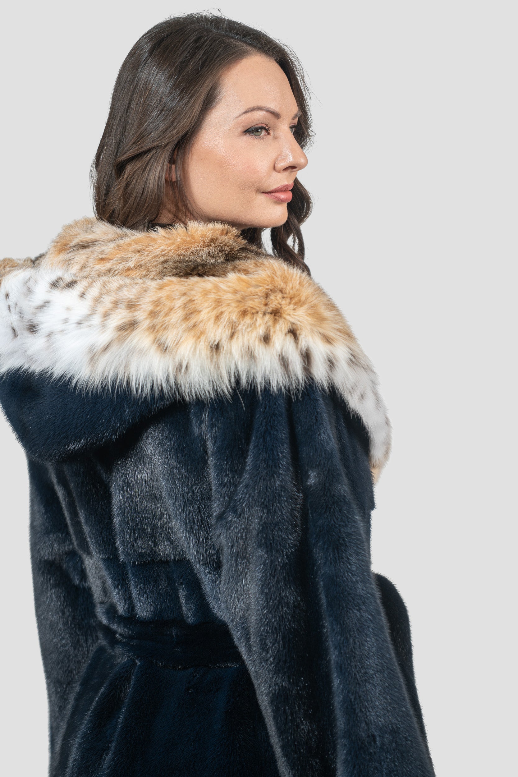 Blue Black Mink Coat with Bobcat Hood S/S13C978