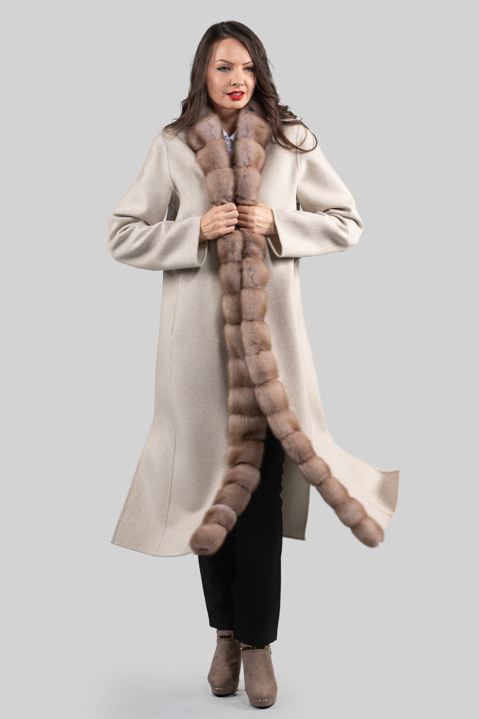 White Ecru Cashmere Coat with Russian Sable Trim 21C6080