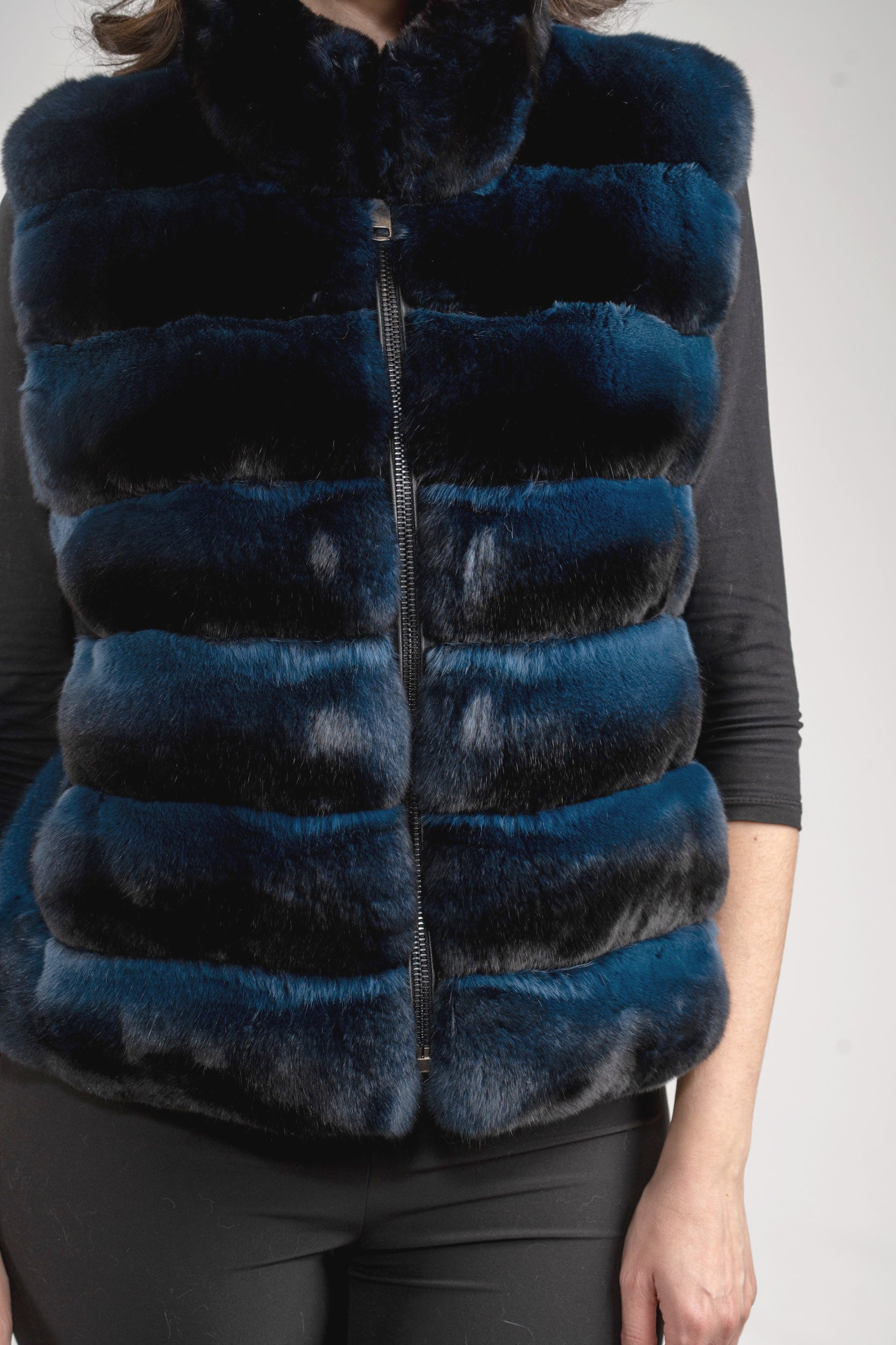 Chinchilla Fur Vest with Stand Collar and Mink Trim in Blue Black P/K2201