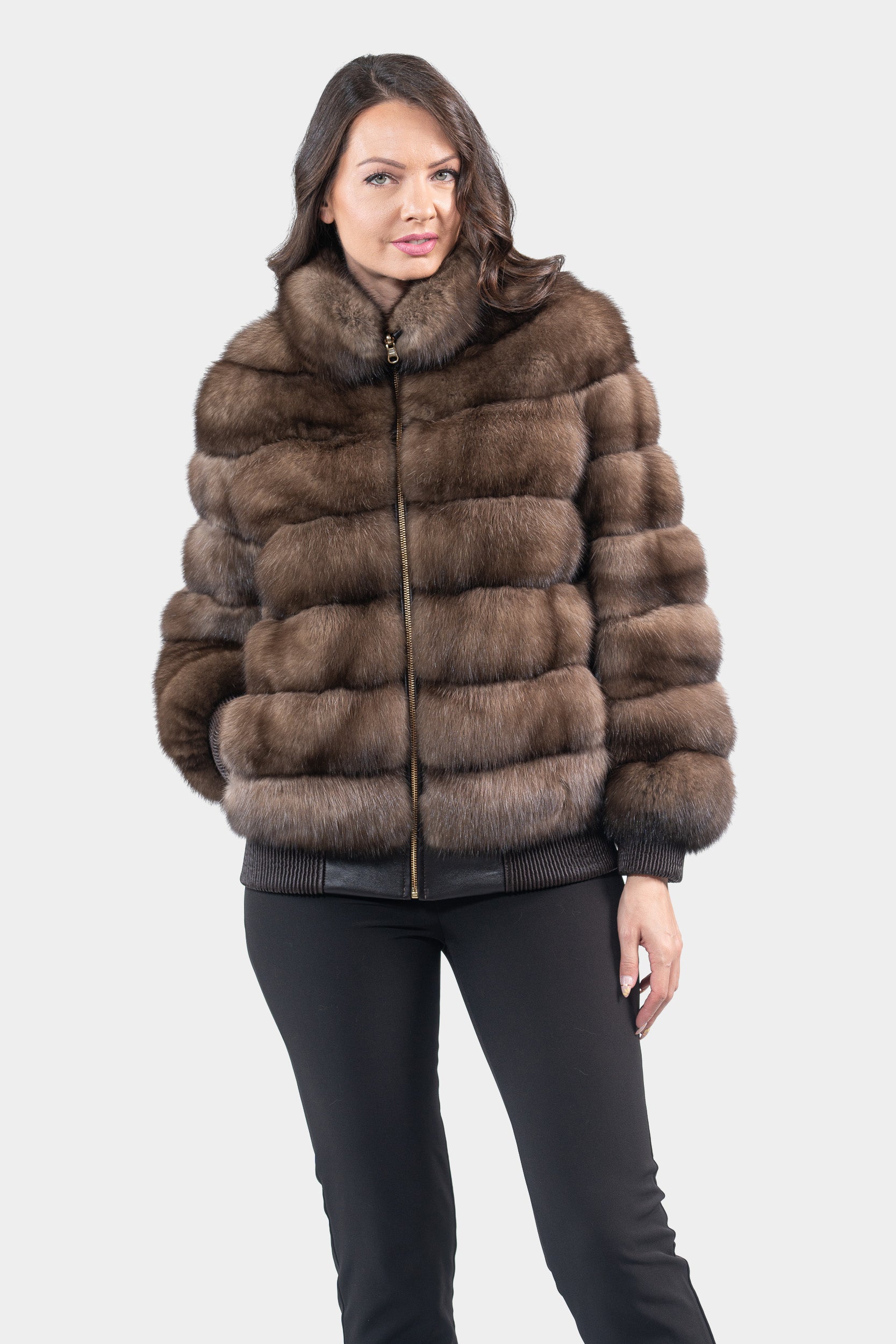 Reversible Titanium Russian Sable Bomber Jacket with Stand Collar P/K228