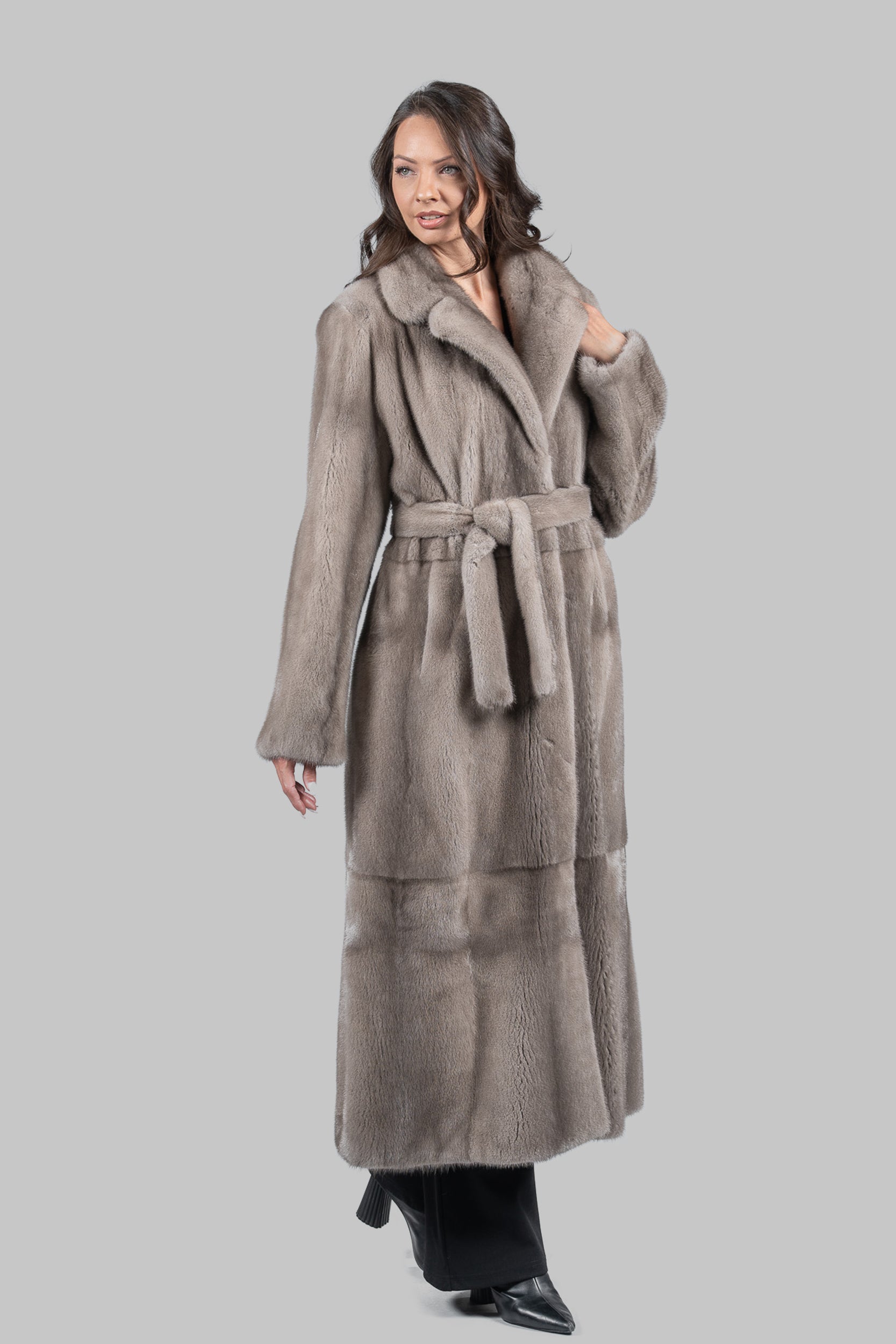 Silver Blue Skin to Skin Belted Mink Long Coat S/S13C976