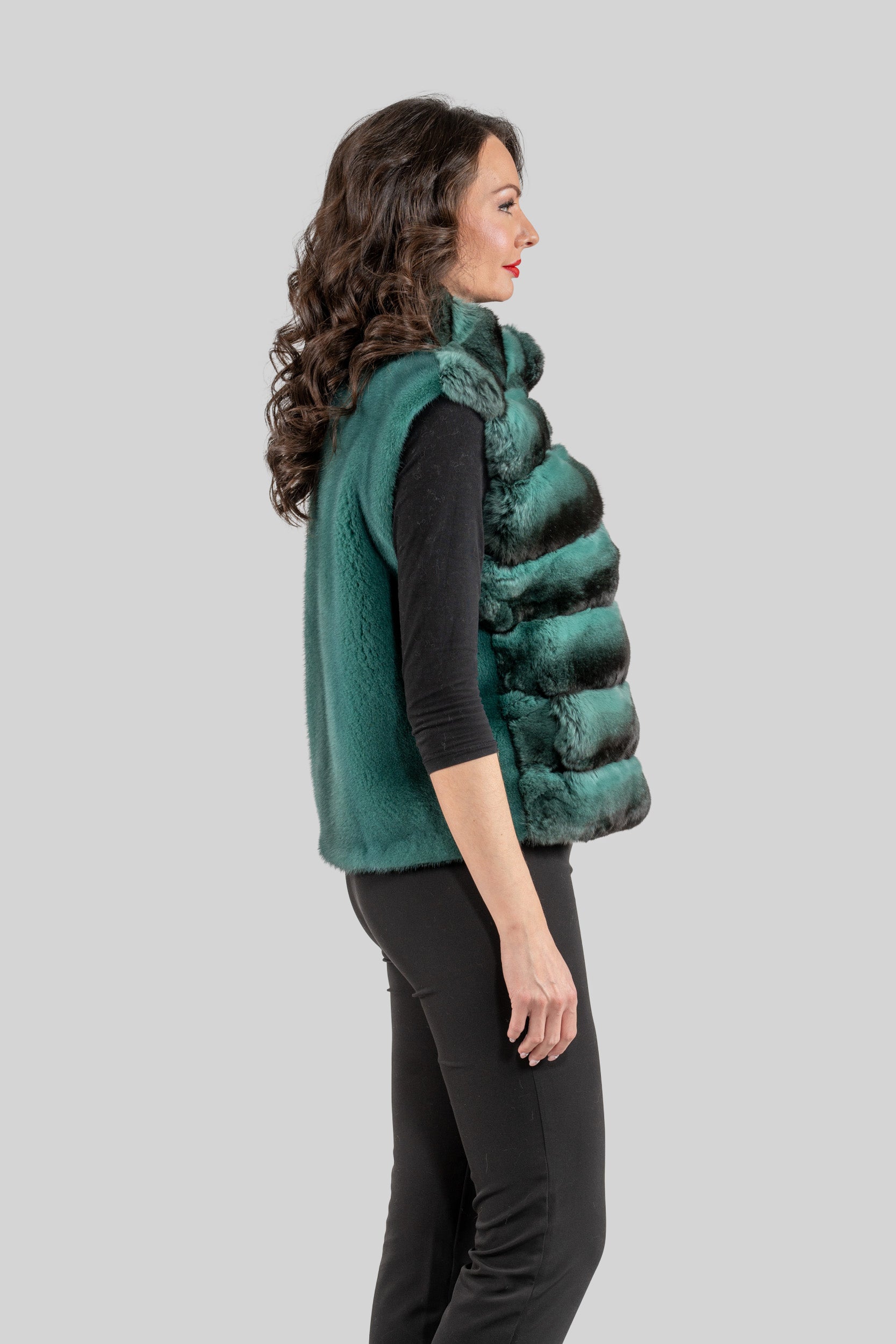 Emerald Green Chinchilla Fur Vest with Stand Collar and Mink Trim P/K2201