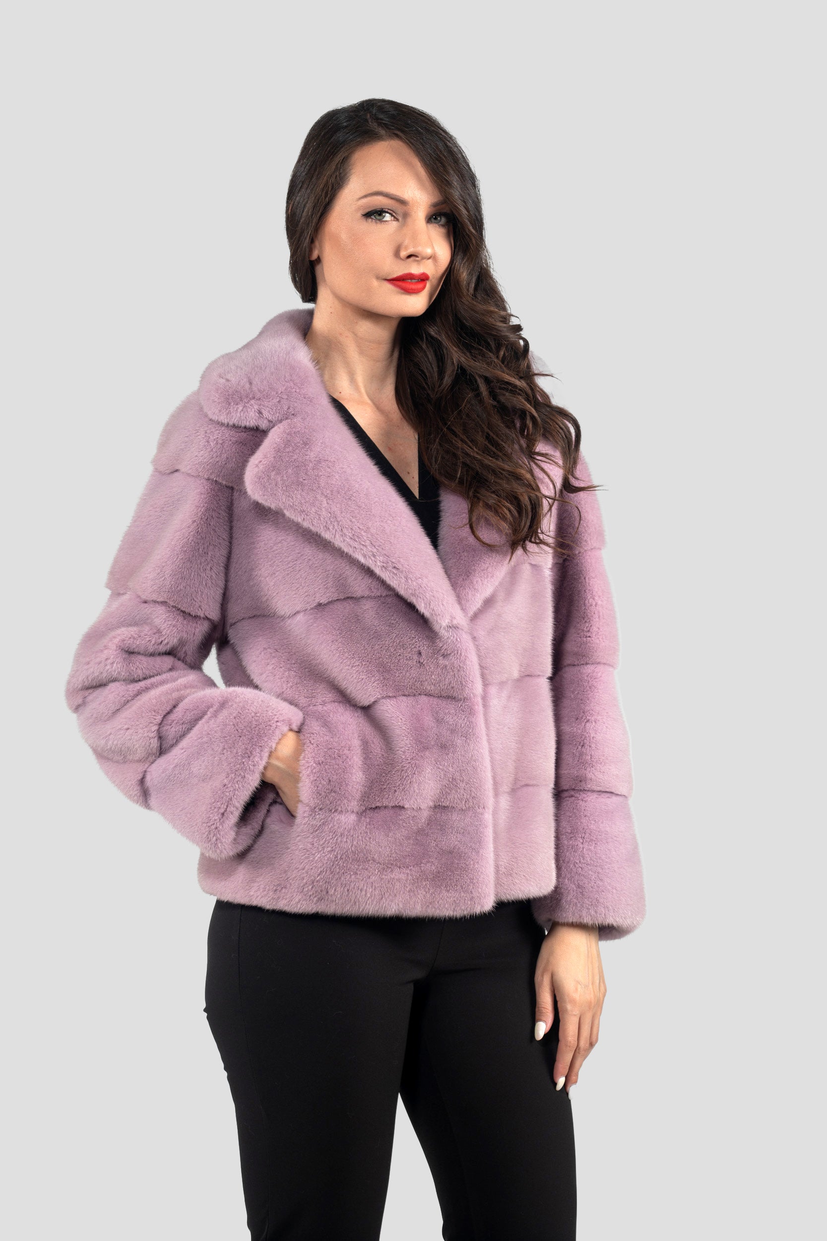 Powder Pink Mink Jacket with Notch Collar P/K13C528S20