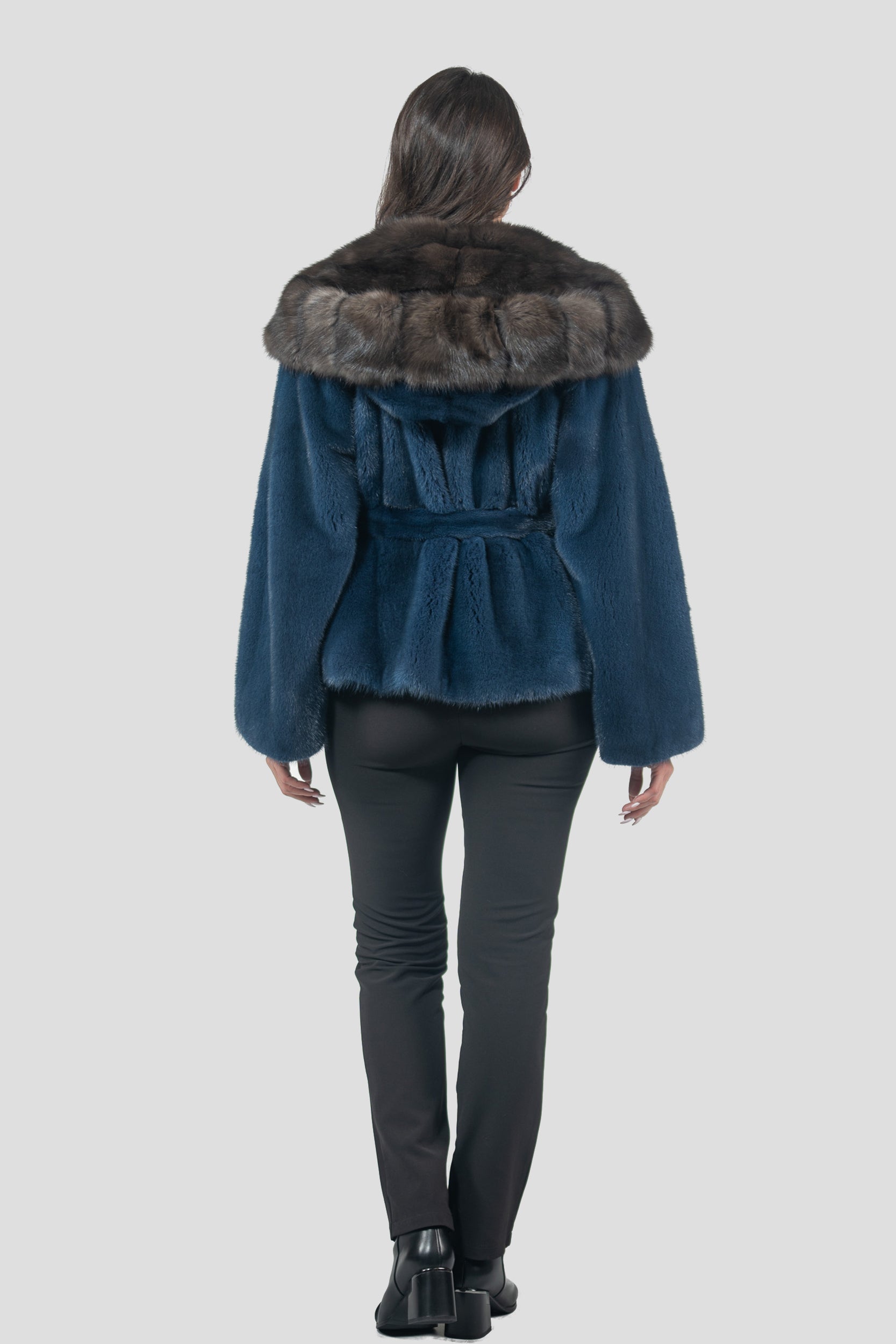 Blue Jean Mink Half Coat with Russian Sable Hood L/O13C978