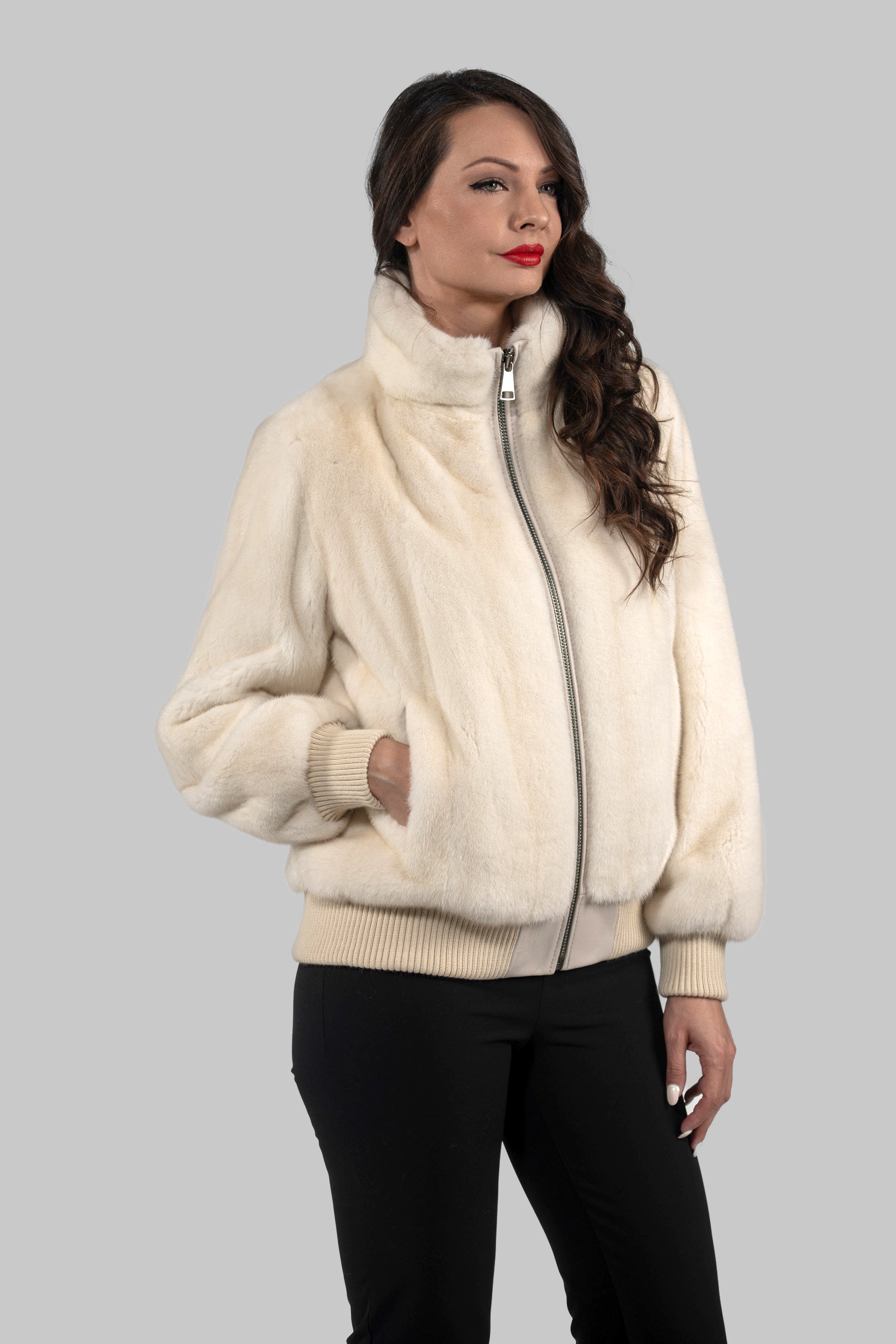 Beige Mink Bomber Jacket with Stand Collar L/O13C224