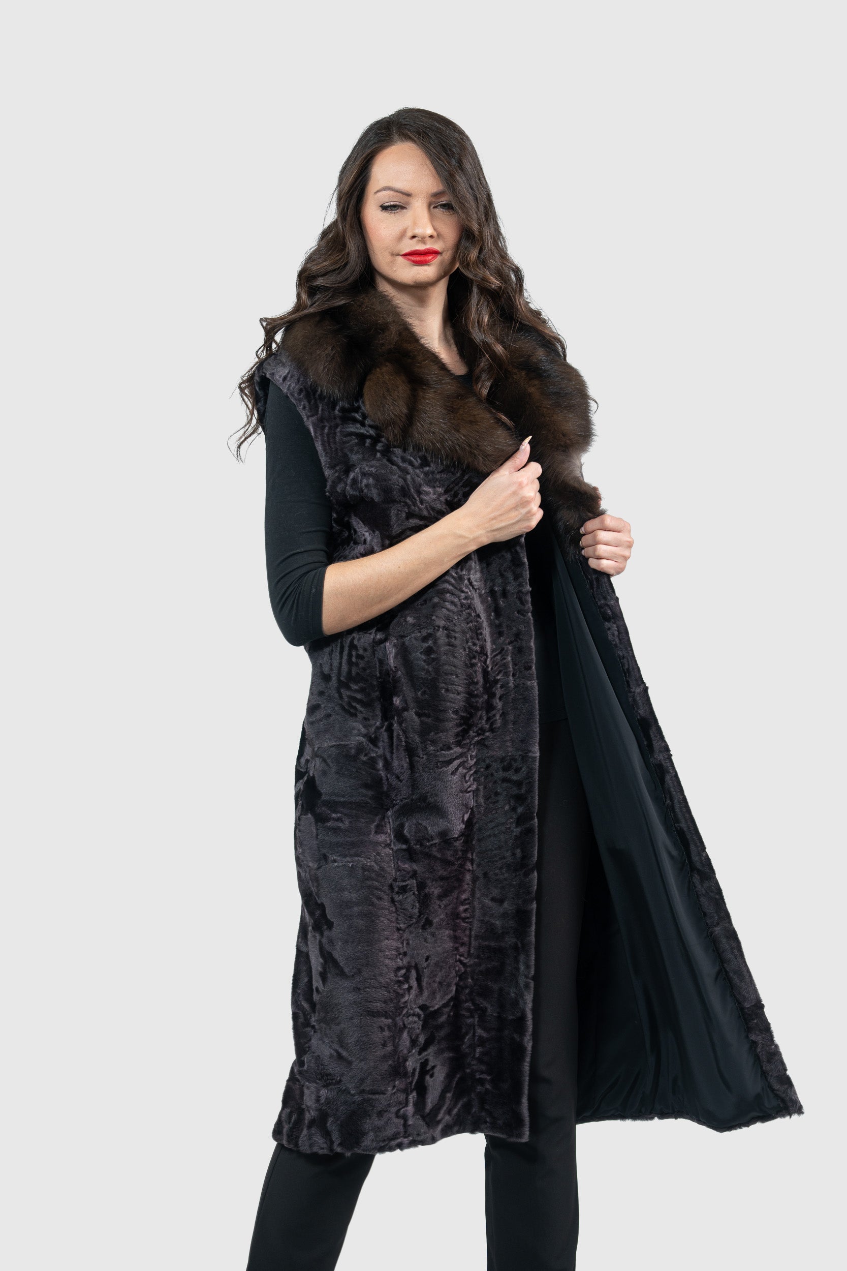 Gray Moon Swakara Vest with Russian Sable Notch Collar S/S13c519s20