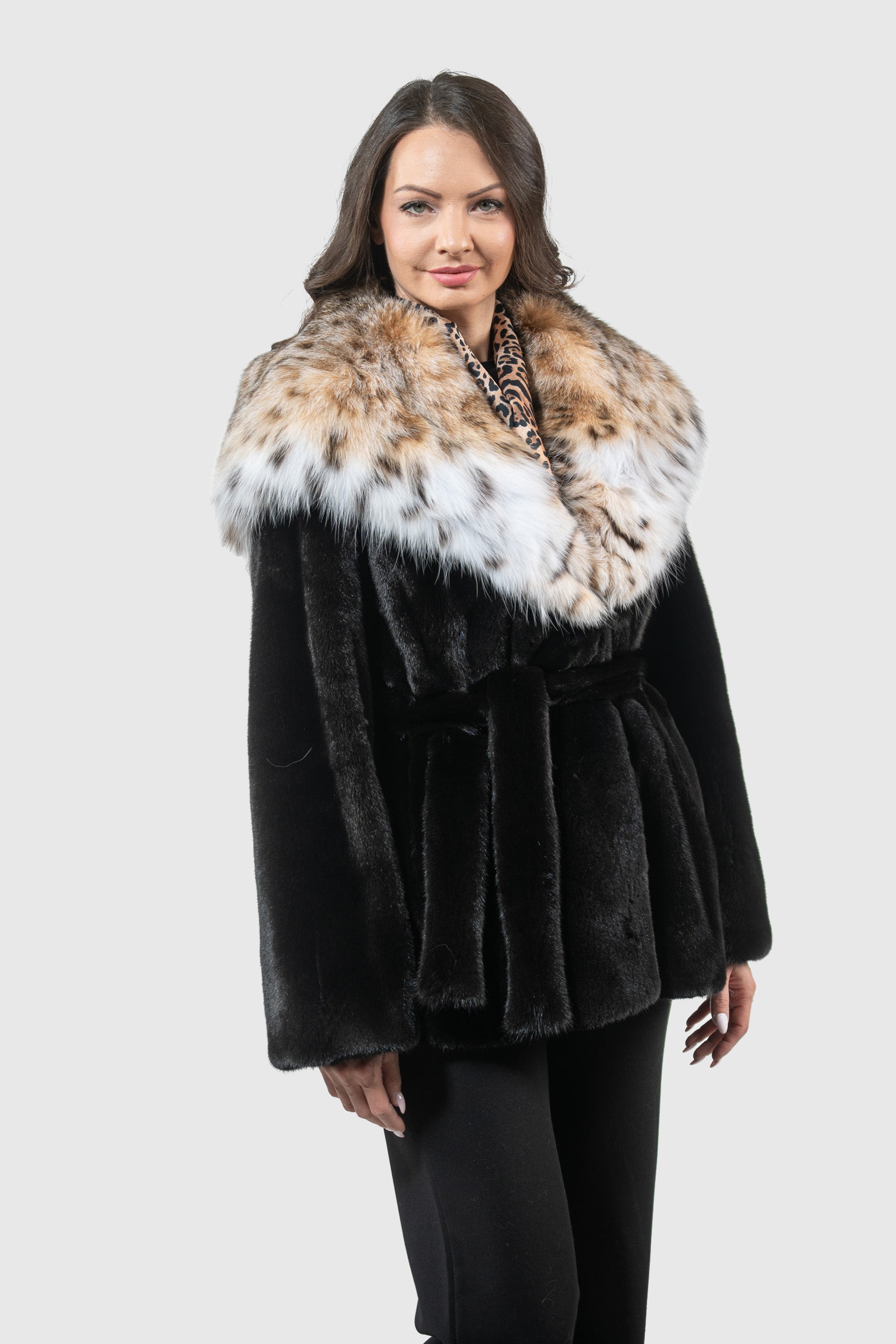 Blackglama Mink Half Coat with Bobcat Hood L/O13C978
