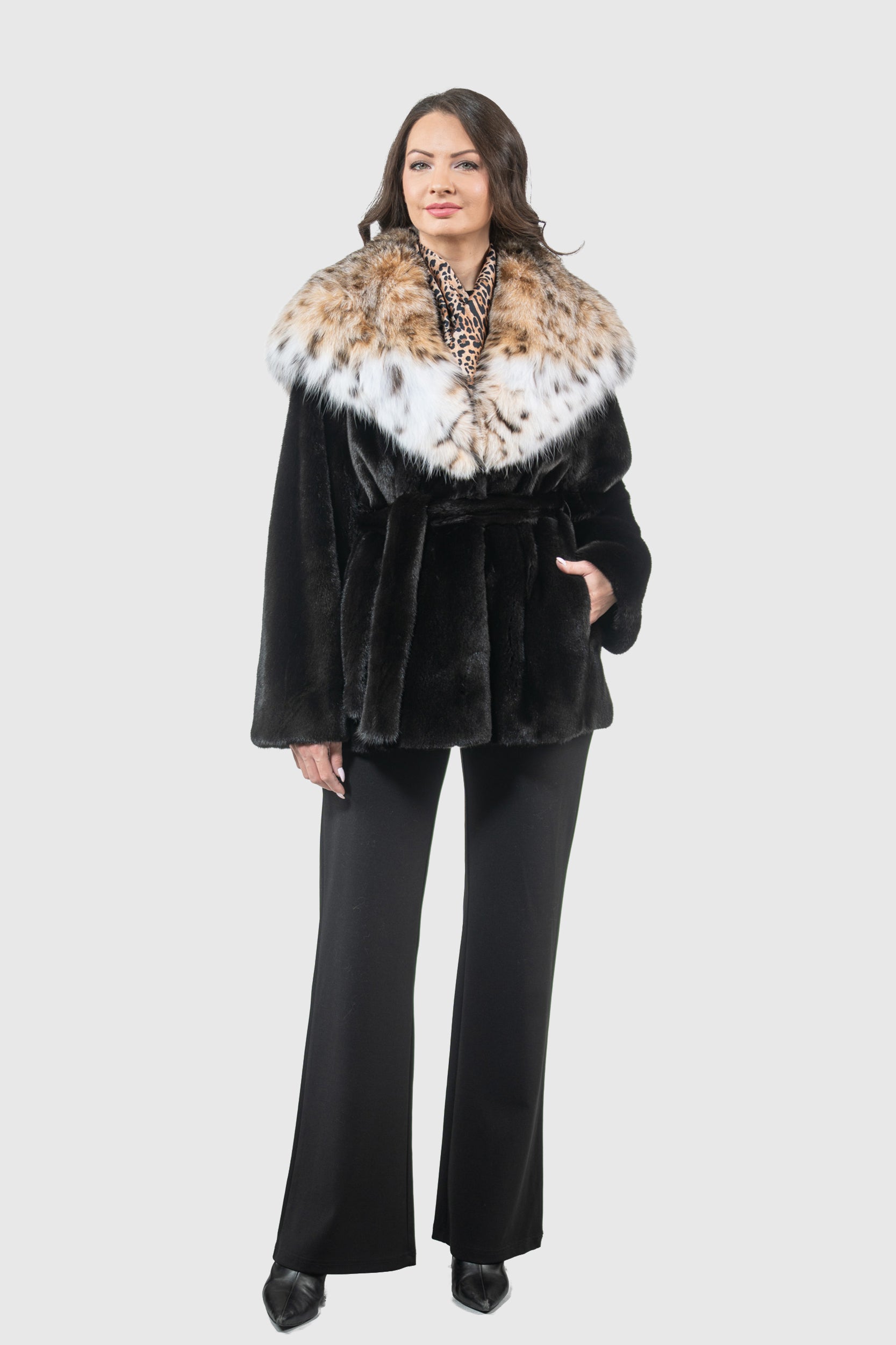 Blackglama Mink Half Coat with Bobcat Hood L/O13C978